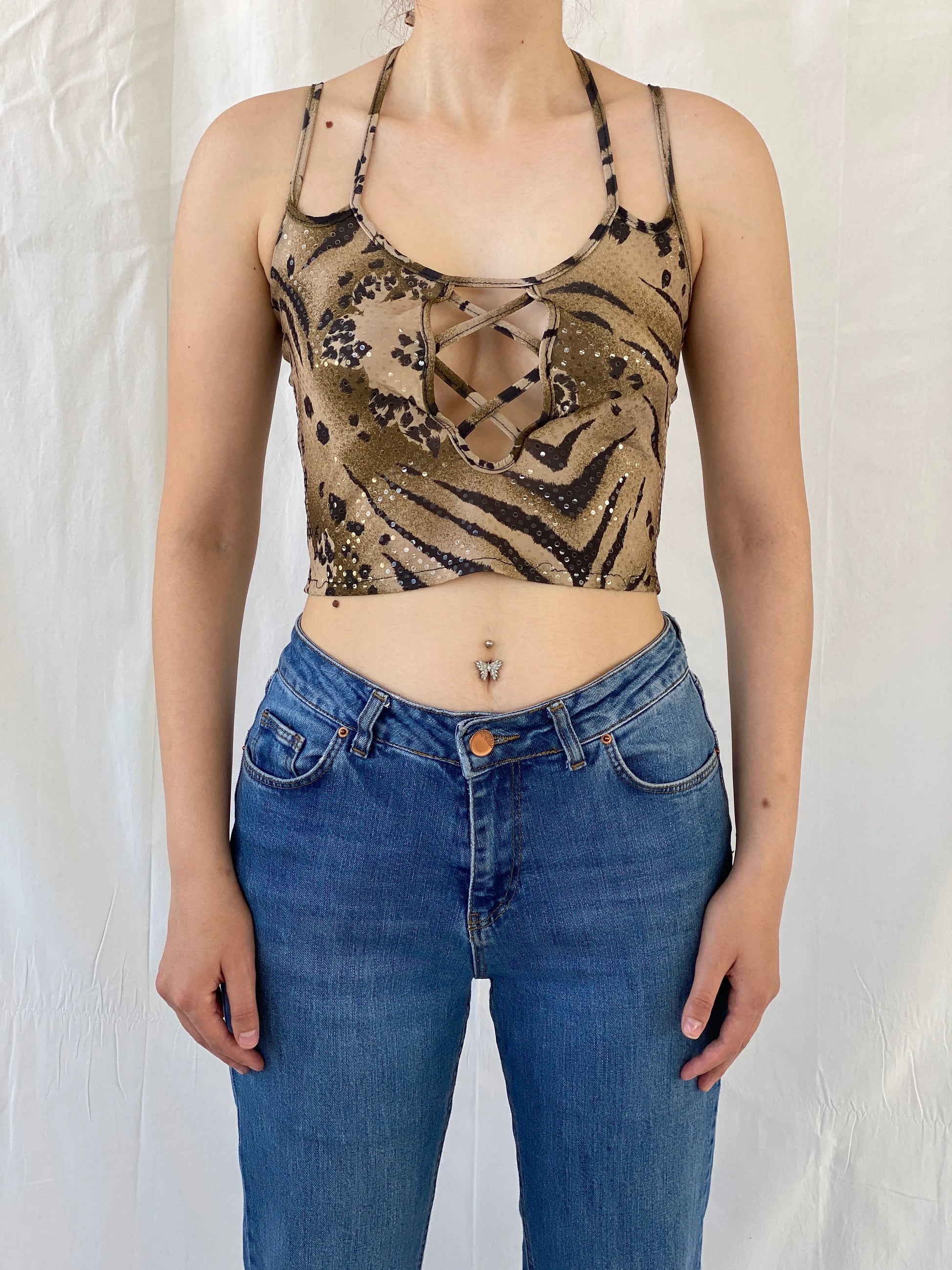 Y2K Mazloum Leopard Crop Cut Out Halter Tie Women’s Top - S - Balagan Vintage Halter Top 00s, Ayah, knit, knitted, women top
