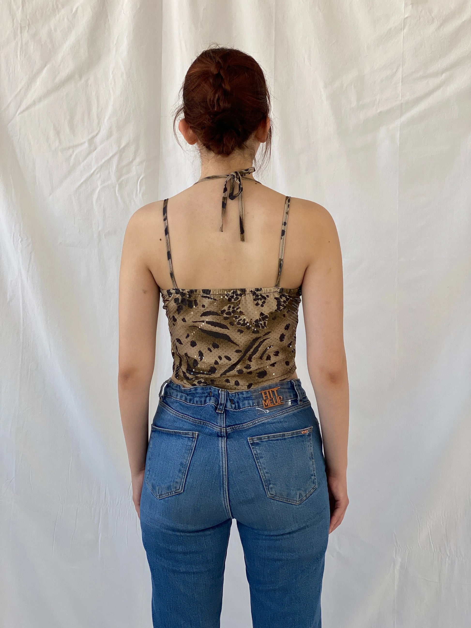 Y2K Mazloum Leopard Crop Cut Out Halter Tie Women’s Top - S - Balagan Vintage Halter Top 00s, Ayah, knit, knitted, women top