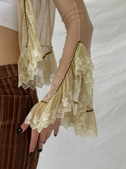 Y2K Mesh Beige Fairy Core Cardigan With Lace Detailing - XS - Balagan Vintage Cardigan 00s, Ayah, cardigan, mesh, women top