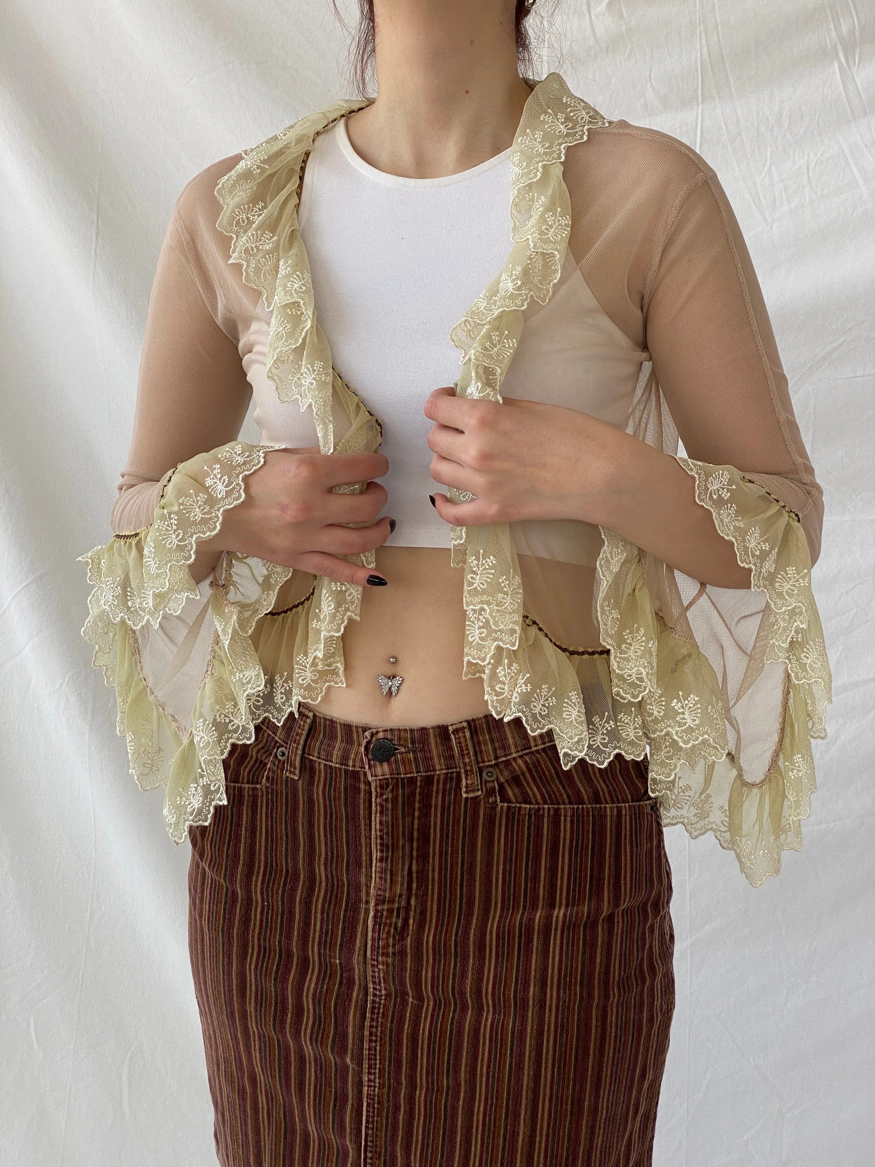 Y2K Mesh Beige Fairy Core Cardigan With Lace Detailing - XS - Balagan Vintage Cardigan 00s, Ayah, cardigan, mesh, women top