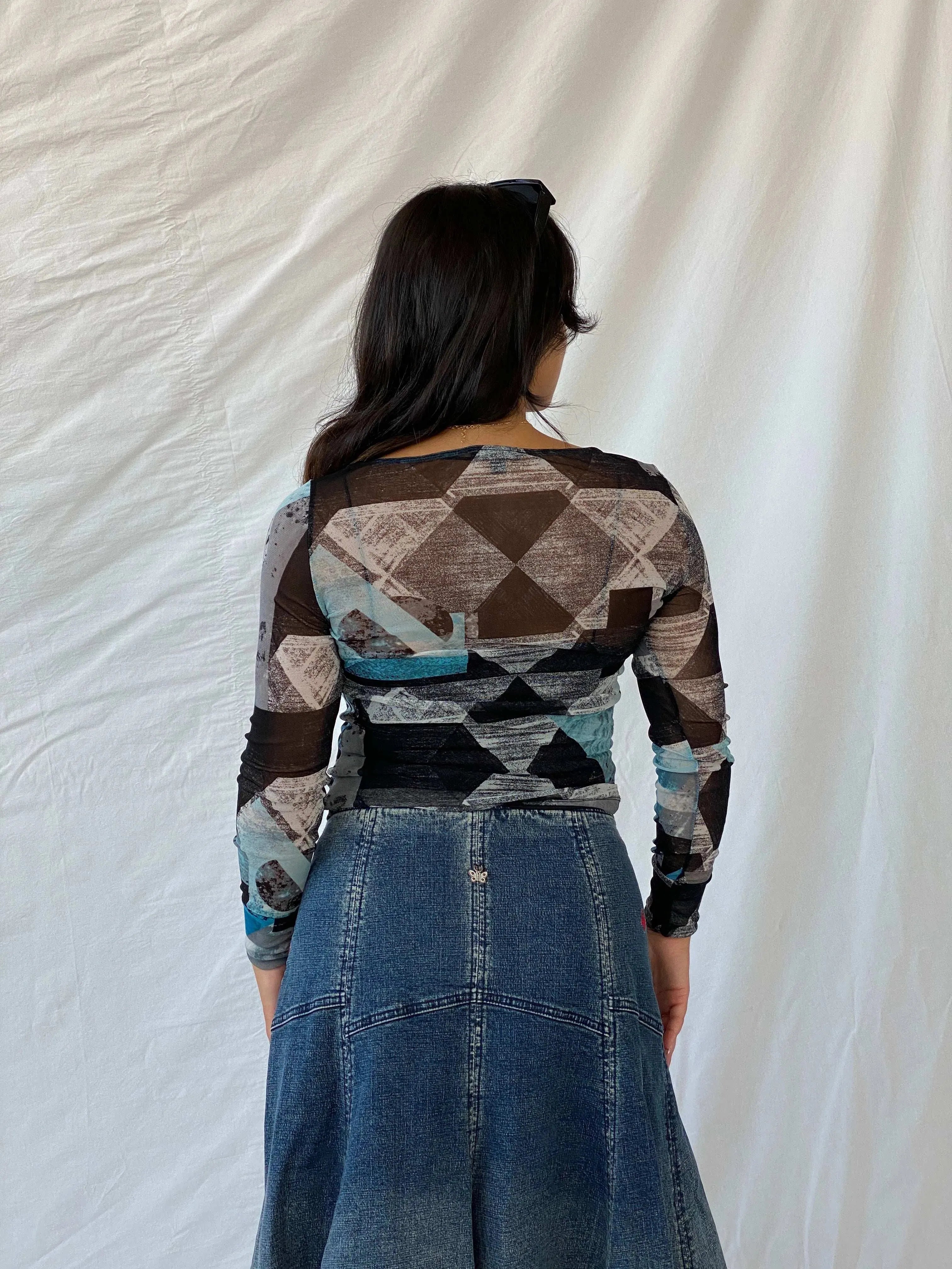 Y2K Mexx Blue and Black Long Sleeve Mesh Top - XS - Balagan Vintage Full Sleeve Top 00s, geometric print, Lana, mesh, mesh top, Y2K