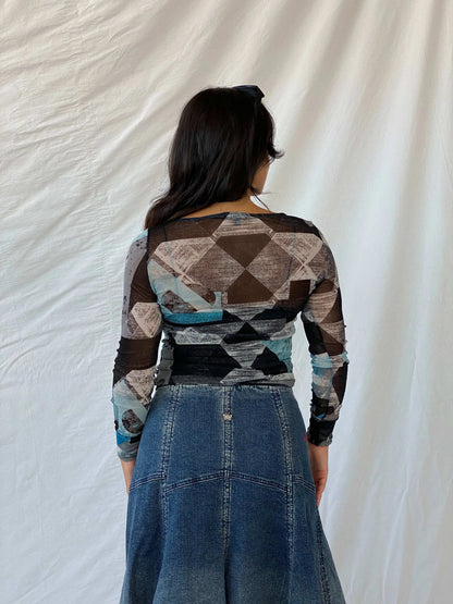 Y2K Mexx Blue and Black Long Sleeve Mesh Top - XS - Balagan Vintage Full Sleeve Top 00s, geometric print, Lana, mesh, mesh top, Y2K