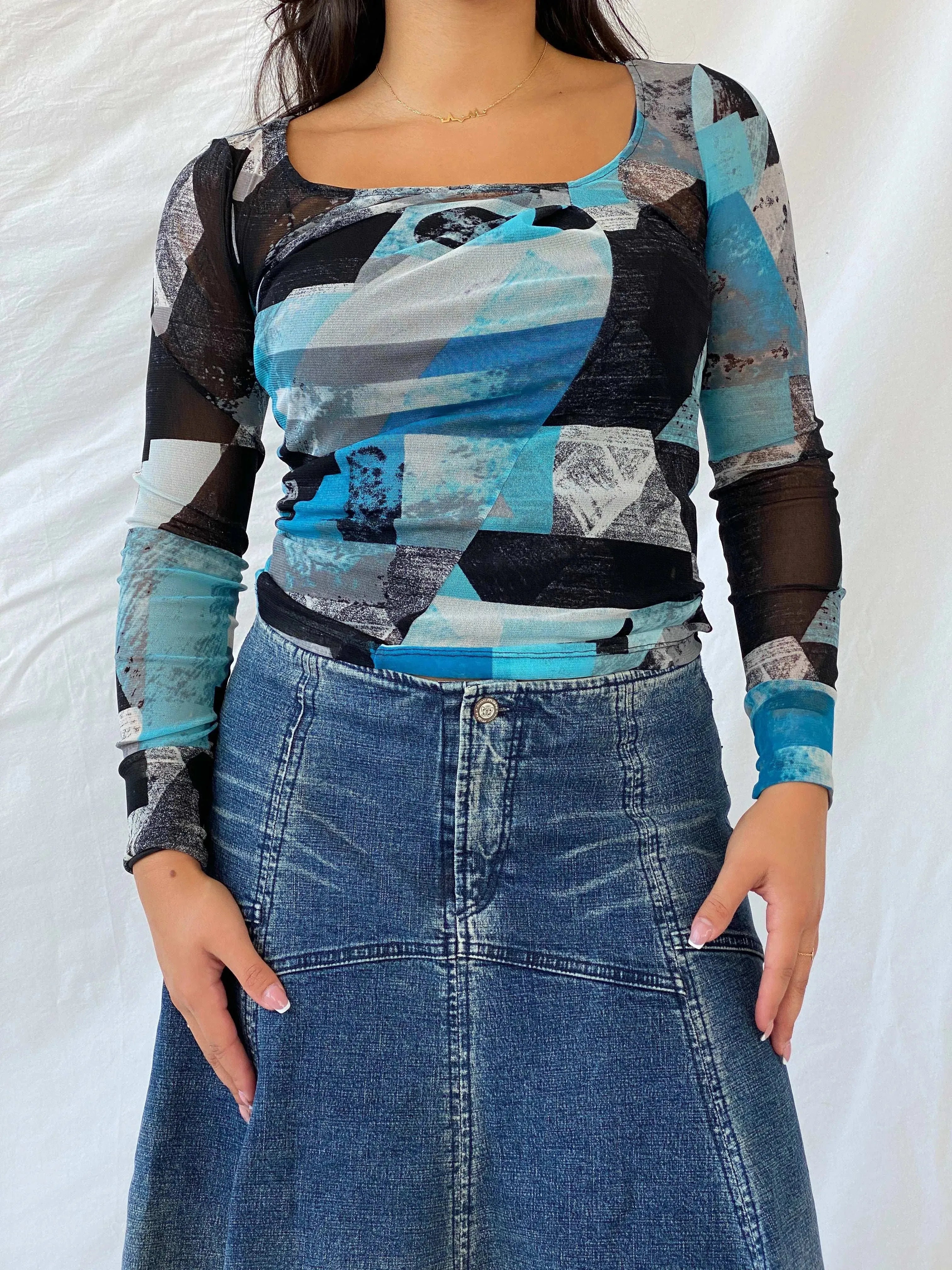 Y2K Mexx Blue and Black Long Sleeve Mesh Top - XS - Balagan Vintage Full Sleeve Top 00s, geometric print, Lana, mesh, mesh top, Y2K