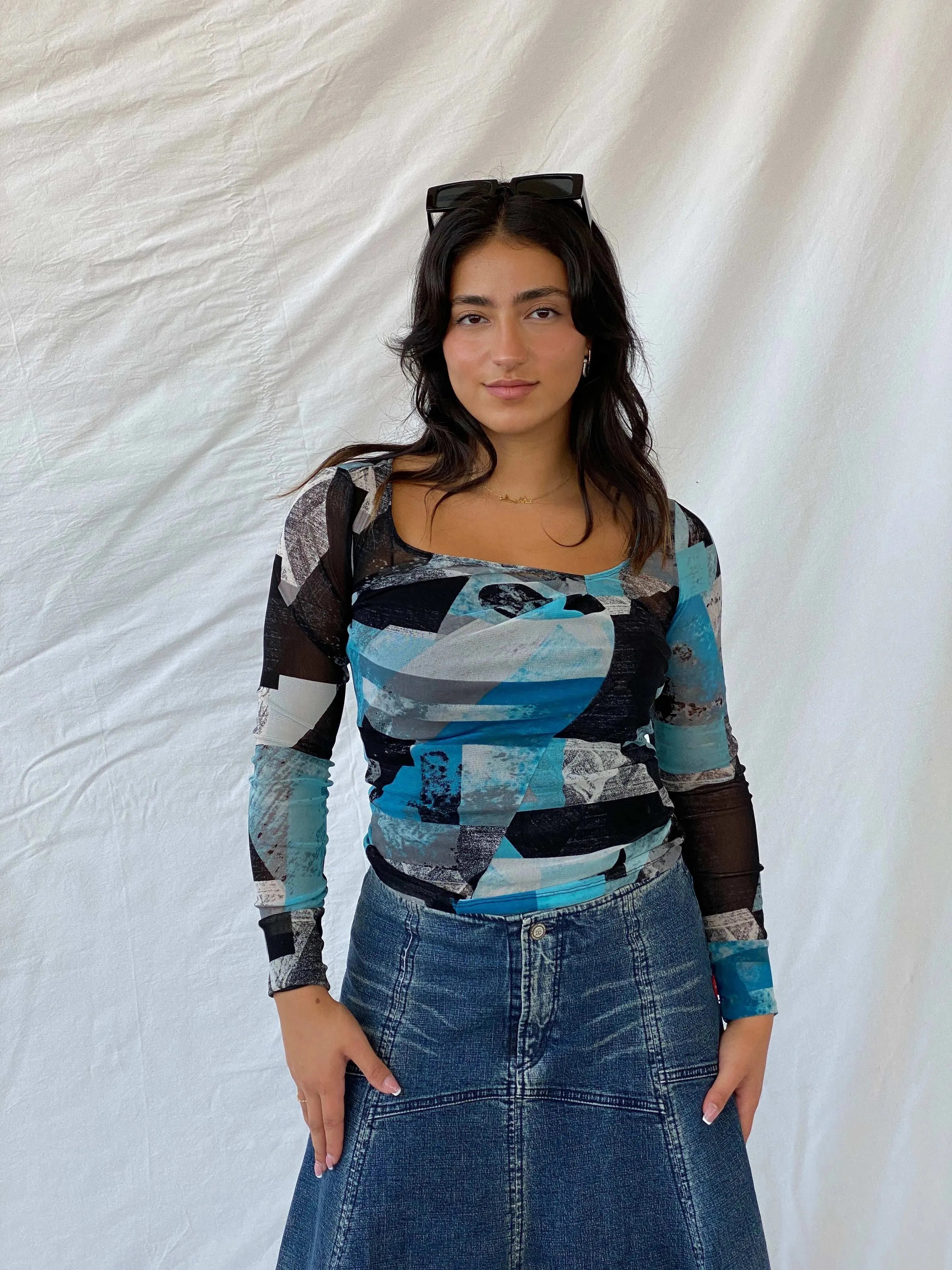 Y2K Mexx Blue and Black Long Sleeve Mesh Top - XS - Balagan Vintage Full Sleeve Top 00s, geometric print, Lana, mesh, mesh top, Y2K