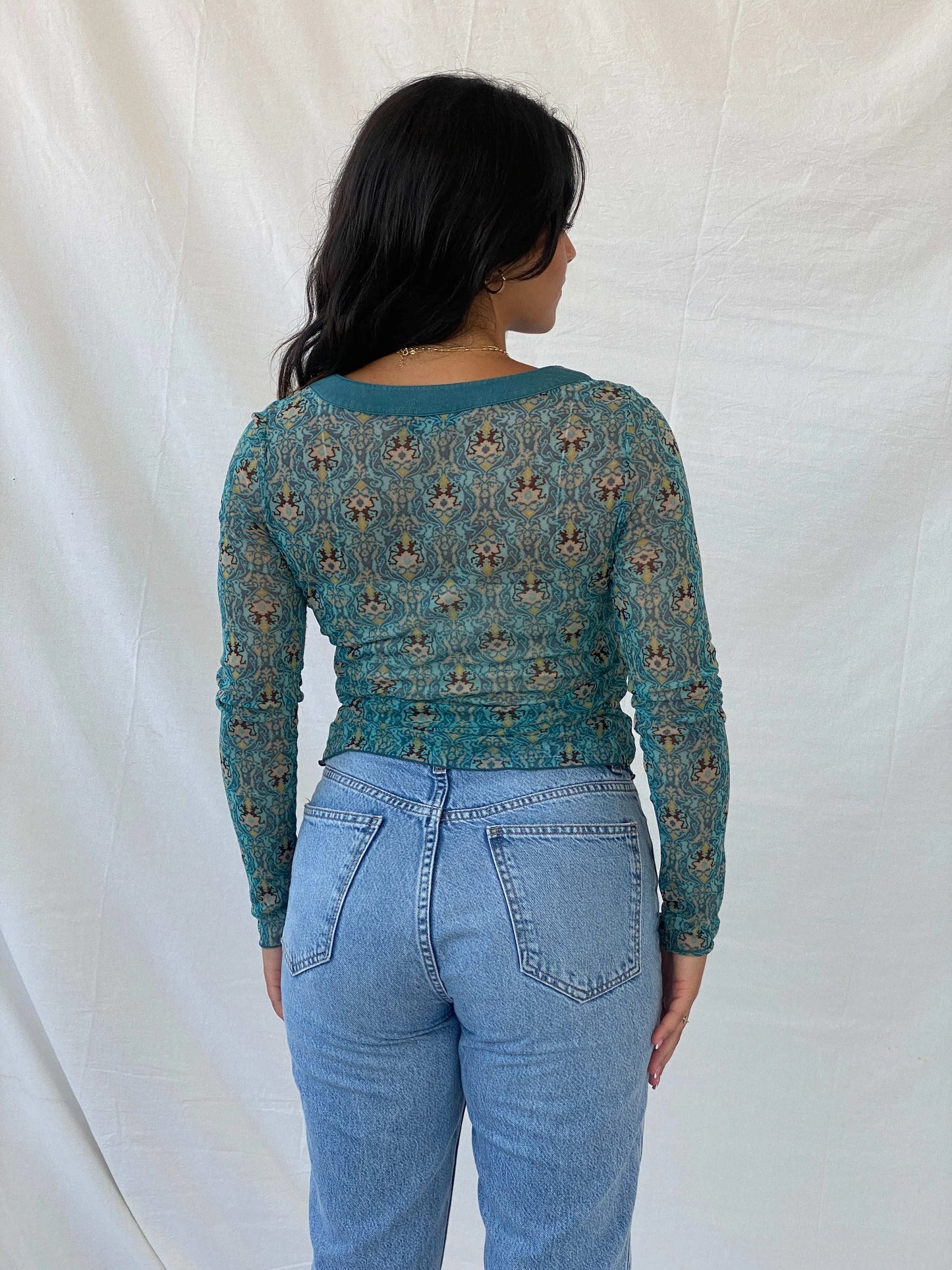 Y2K Mexx Blue Full-Sleeve Printed Mesh Top - S - Balagan Vintage Full Sleeve Top 00s, Lana, mesh top, summer, Y2K