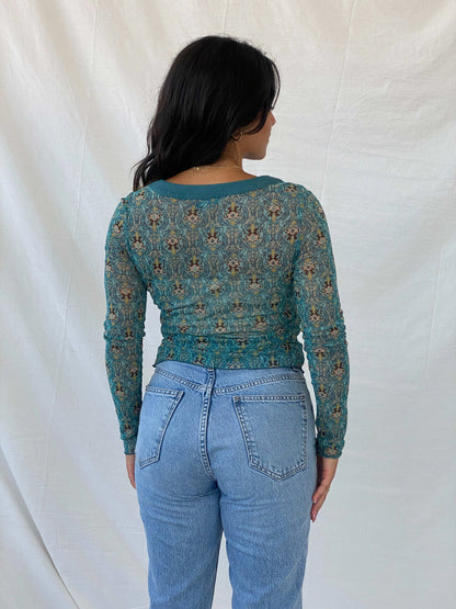 Y2K Mexx Blue Full-Sleeve Printed Mesh Top - S - Balagan Vintage Full Sleeve Top 00s, Lana, mesh top, summer, Y2K