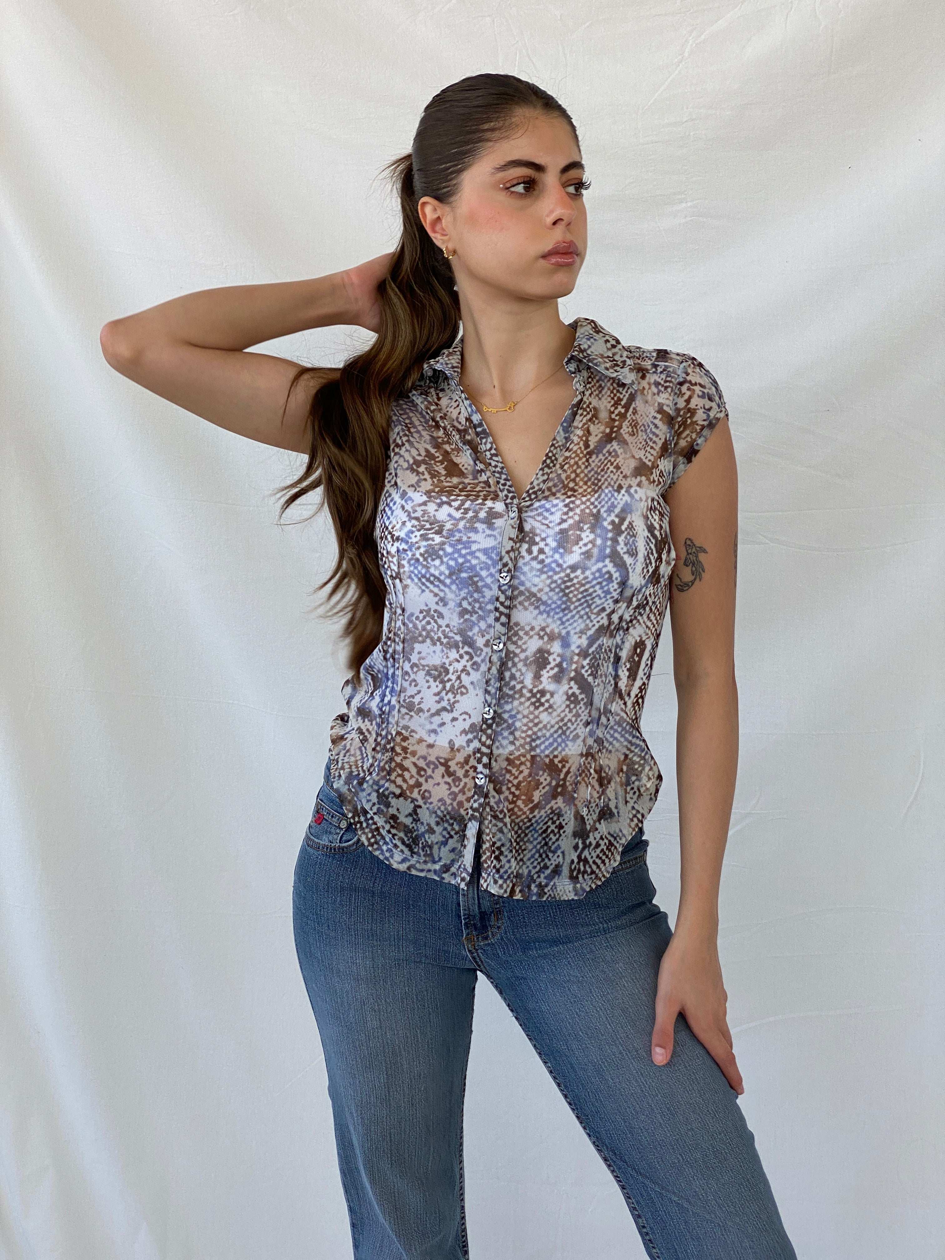 Y2K Mexx Sheer Animal Print Short Sleeve Women’s Button Up Shirt - S - Balagan Vintage Half Sleeve Shirt 00s, 90s, animal print, Mira, roberto cavalli, sheer, winter