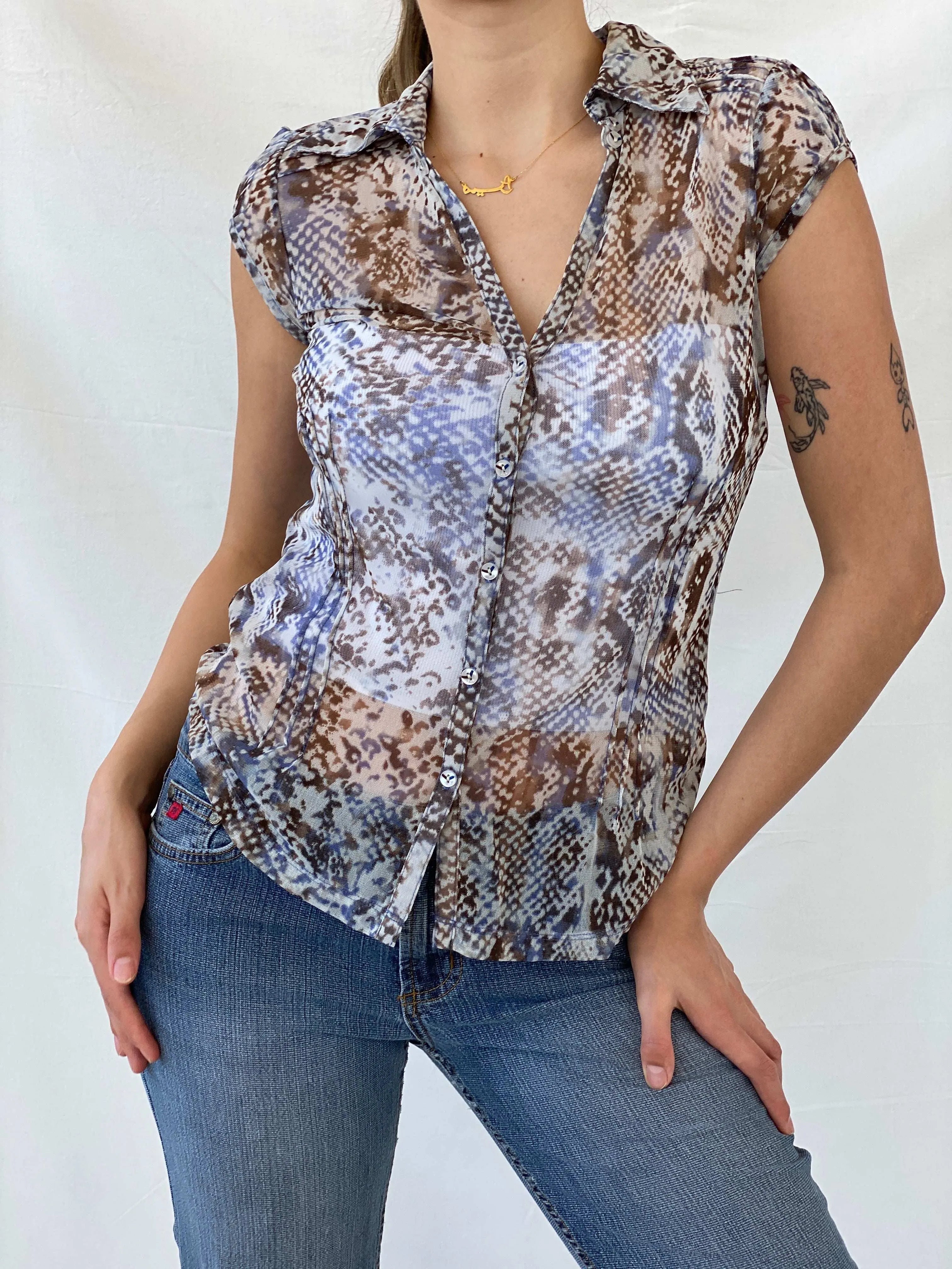 Y2K Mexx Sheer Animal Print Short Sleeve Women’s Button Up Shirt - S - Balagan Vintage Half Sleeve Shirt 00s, 90s, animal print, Deals, Mira, roberto cavalli, sheer, winter