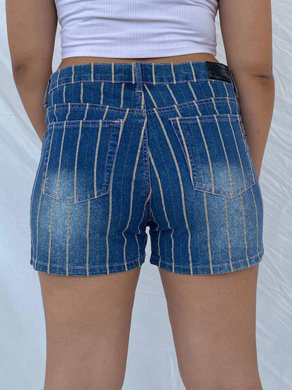 Y2K Miss Rose Jeans Striped Denim Shorts Size XL - Balagan Vintage Shorts 00s, 90s, denim, Dina, shorts, striped shorts