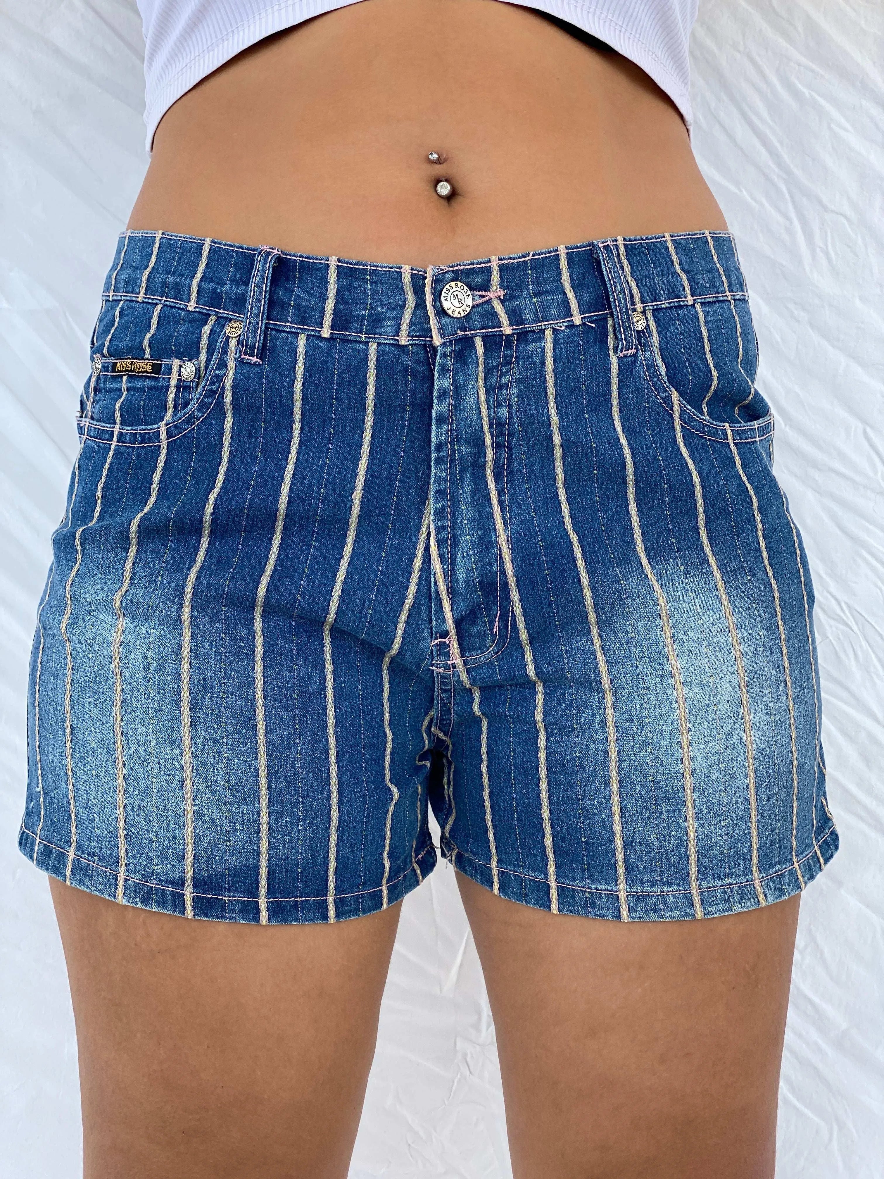 Y2K Miss Rose Jeans Striped Denim Shorts Size XL - Balagan Vintage Shorts 00s, 90s, denim, Dina, shorts, striped shorts
