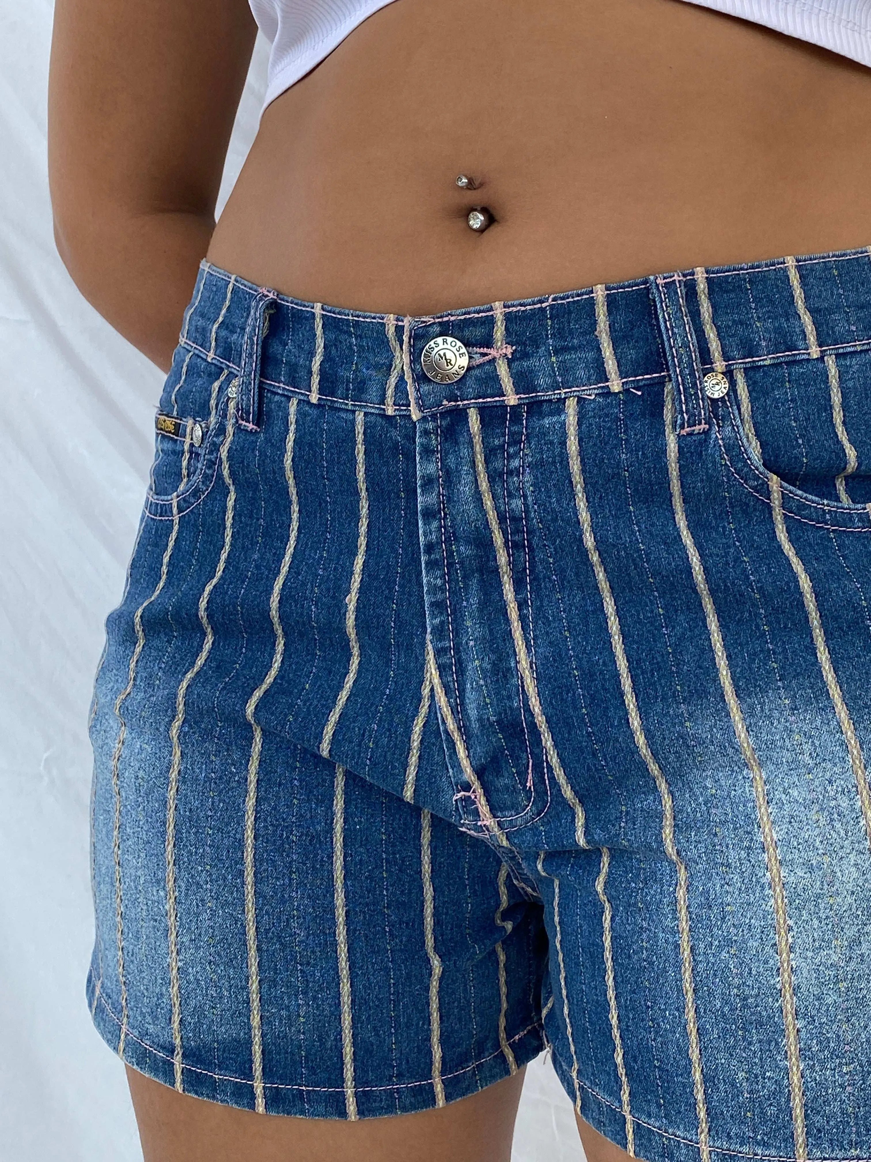 Y2K Miss Rose Jeans Striped Denim Shorts Size XL - Balagan Vintage Shorts 00s, 90s, denim, Dina, shorts, striped shorts