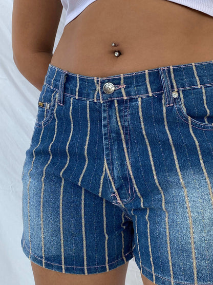 Y2K Miss Rose Jeans Striped Denim Shorts Size XL - Balagan Vintage Shorts 00s, 90s, denim, Dina, shorts, striped shorts