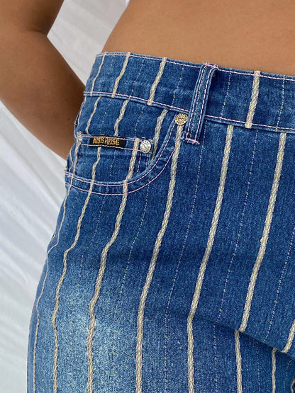 Y2K Miss Rose Jeans Striped Denim Shorts Size XL - Balagan Vintage Shorts 00s, 90s, denim, Dina, shorts, striped shorts