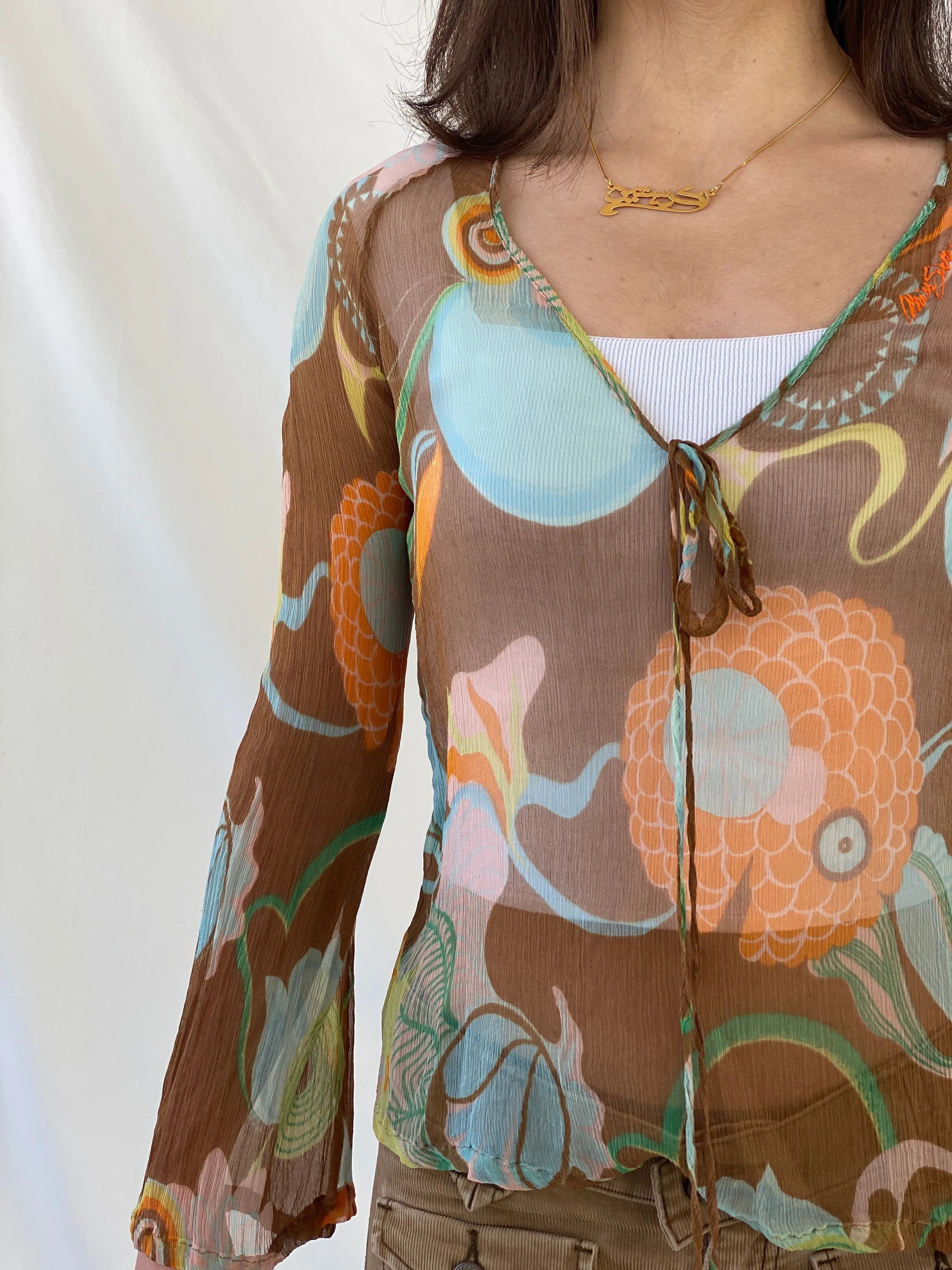 Y2K Miss Sixty 60s Style Groovy Sheer Full Sleeve Silk Women’s Top - XS - Balagan Vintage Full Sleeve Top 90s, Christine, consignment, Dana, groovy, groovy print, Miss Sixty, silk
