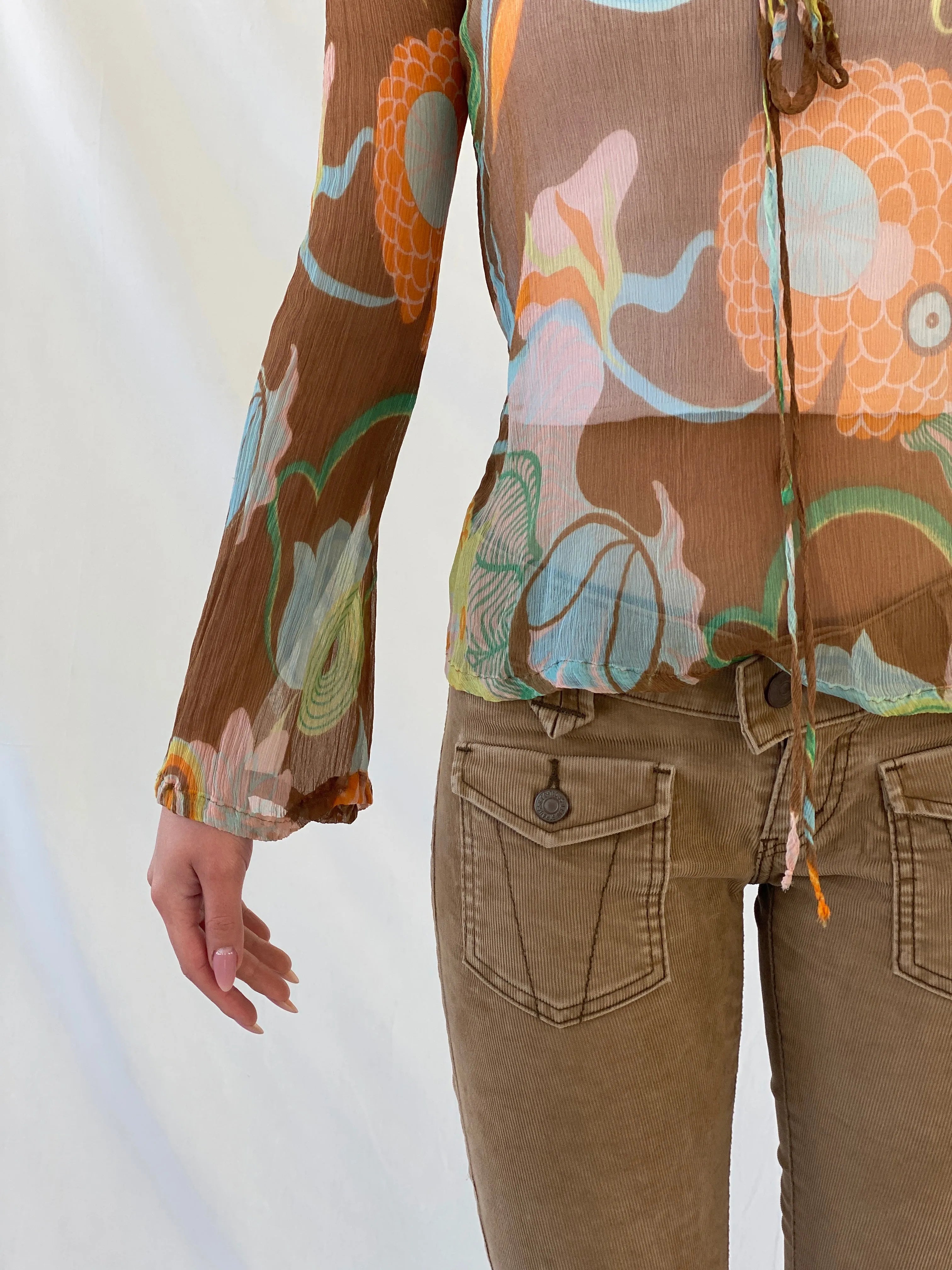 Y2K Miss Sixty 60s Style Groovy Sheer Full Sleeve Silk Women’s Top - XS - Balagan Vintage Full Sleeve Top 90s, Christine, consignment, Dana, groovy, groovy print, Miss Sixty, silk