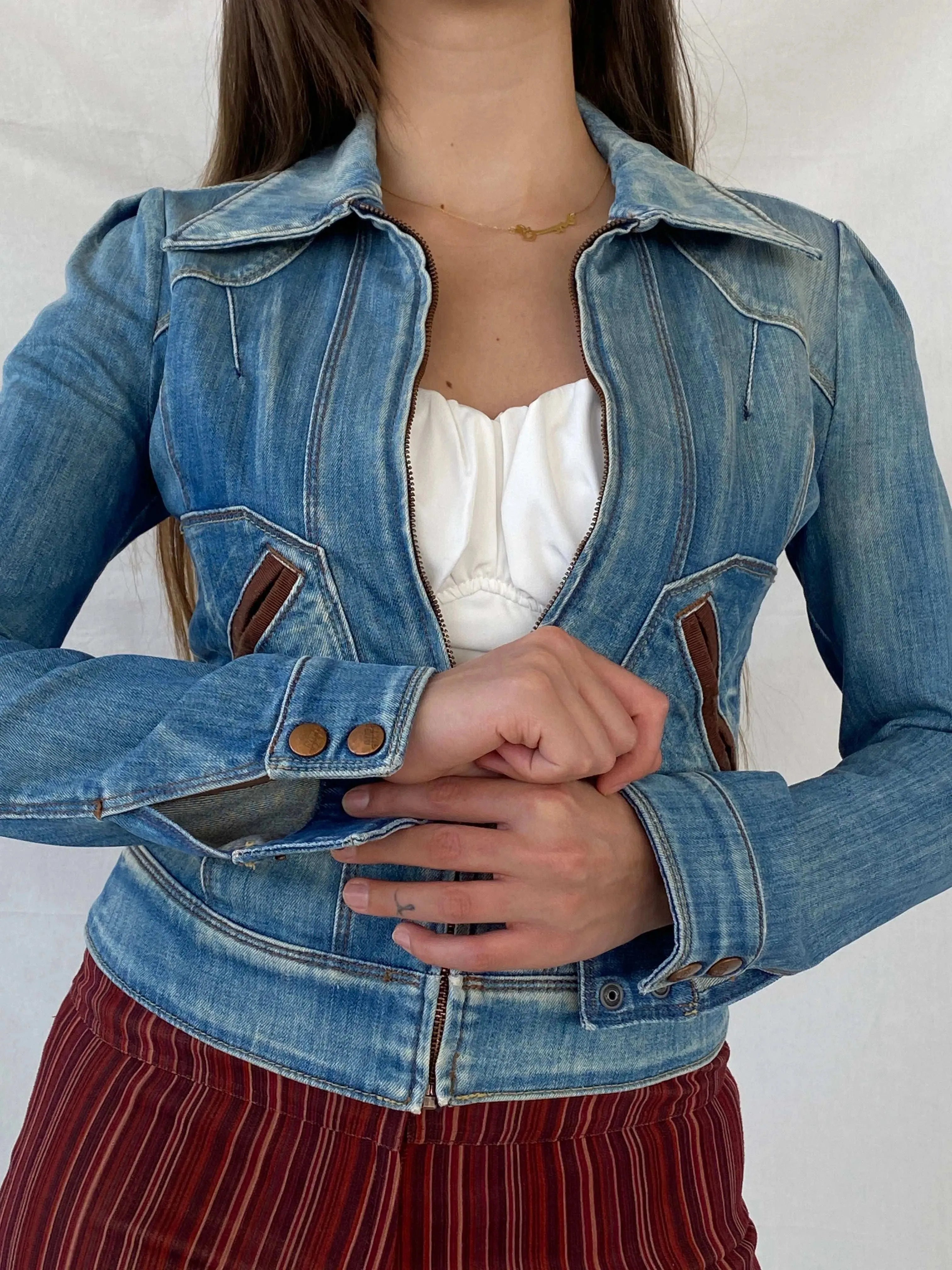Y2K Miss Sixty Fitted Zip Up Utility Denim Jacket - XS - Balagan Vintage Denim Jacket 00s, denim, denim jacket, Mira, Miss Sixty