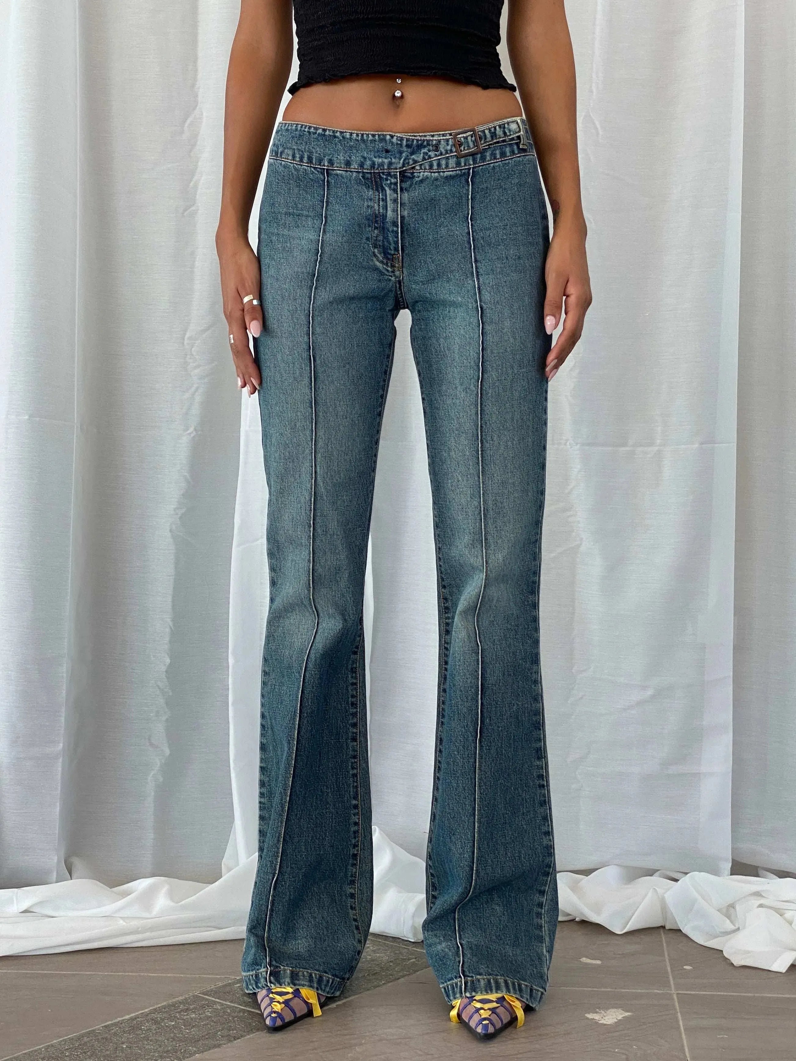 Y2K Naf Naf Jeans Flare Belted Mid Rise Jeans - 36EUR - Balagan Vintage Jeans 00s, 90s, denim, flare, flare jeans, jeans, low rise jeans, straight cut jeans, Tojan