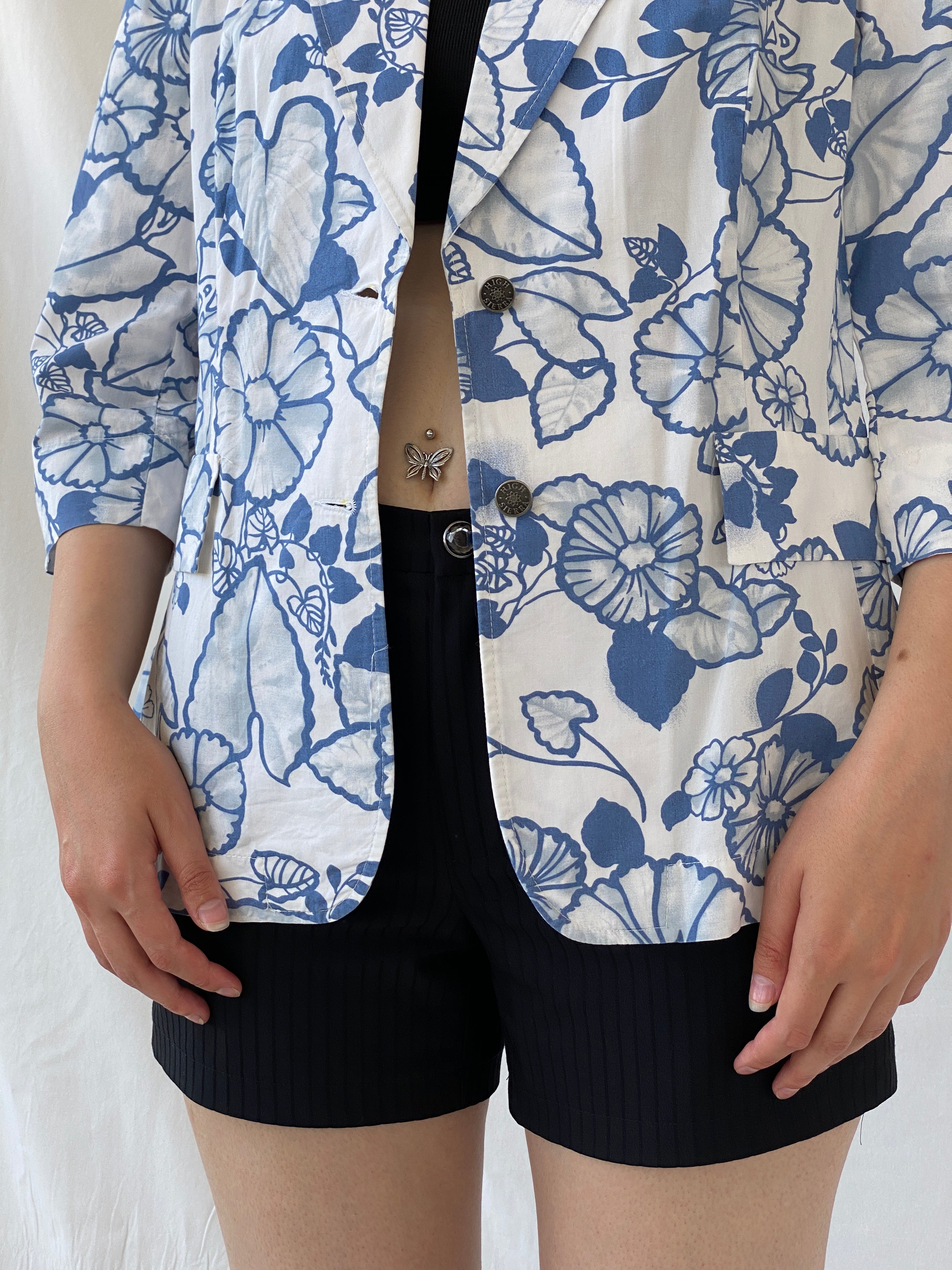Y2K Nancy Co White Blue Floral Linen Blend Oversized Fit Blazer - L - Balagan Vintage Blazer 00s, Ayah, blazer, Coats&Jackets, consignment, denim, floral, full sleeve blazer, NEW IN, Shereen, winter, Women's Blazers