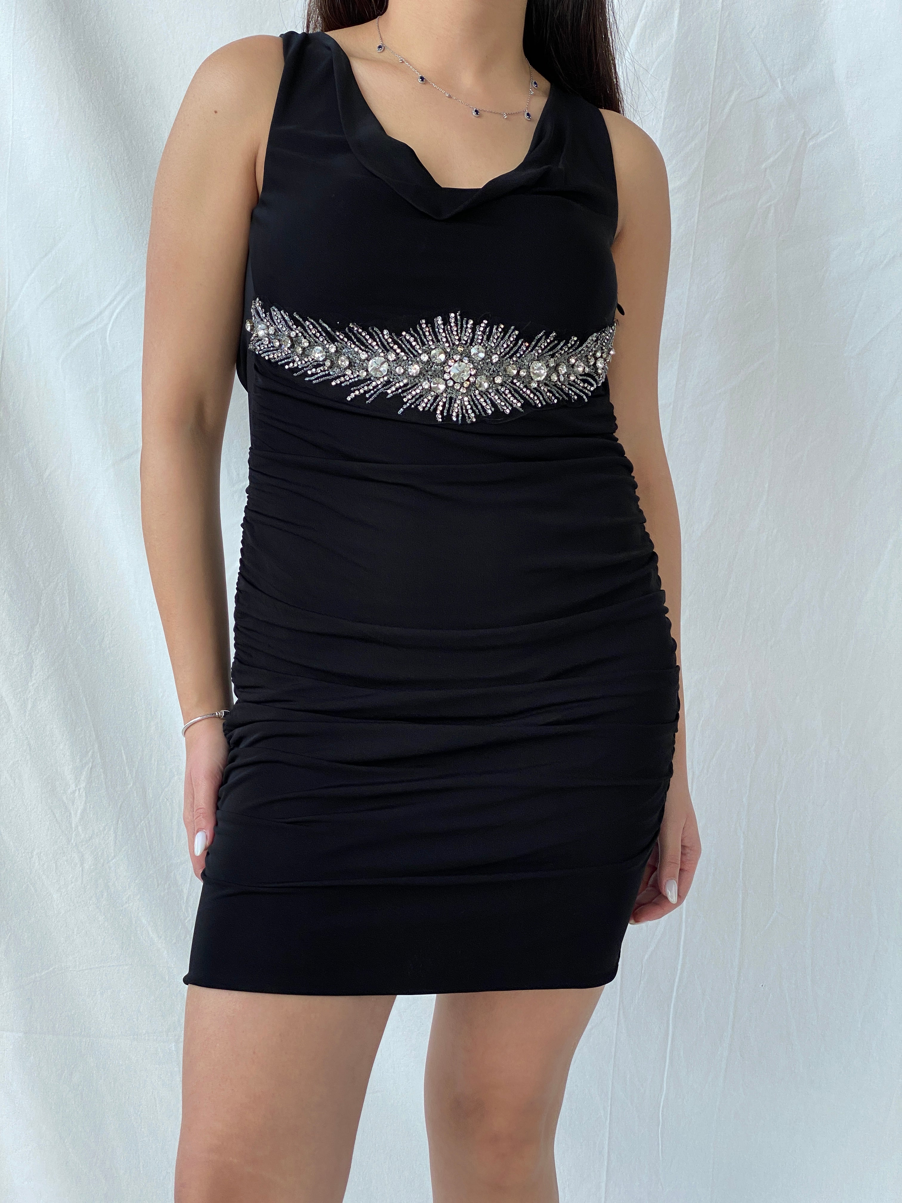 Y2K Nicole Bakti Sleeveless Black Bodycon Open Back Midi Silver Embellished Dress - S - Balagan Vintage Midi Dress 00s, 00s dress, consignment, Fatima, Mini Dress, Sadouf, Wedding Guest, winter