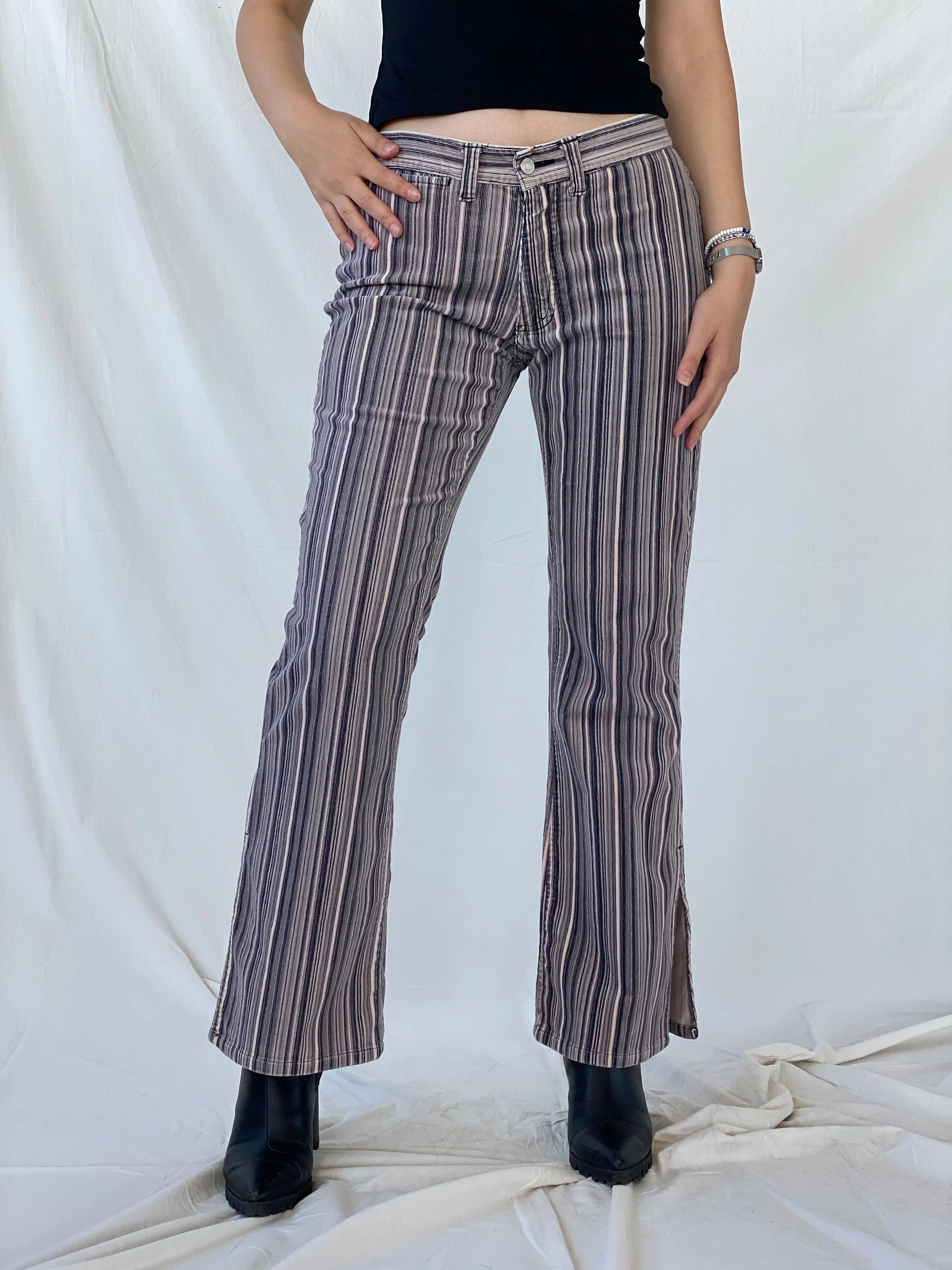 Y2K No Boundaries Striped Pink & Black Corduroy Flare Pants - 40EUR - Balagan Vintage Pants Ayah, corduroy, corduroy pants, striped, striped pants, stripes