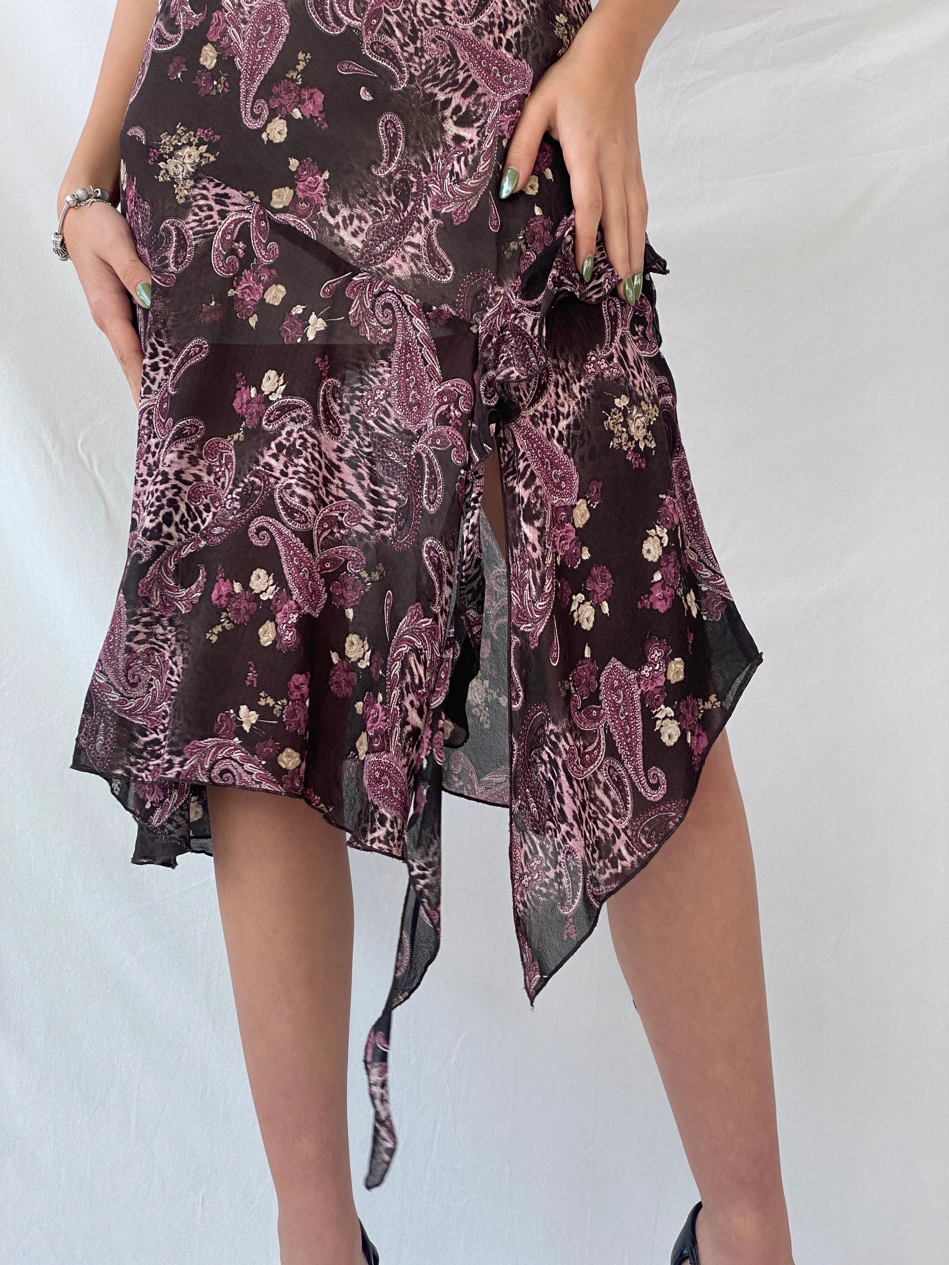 Y2K Orsay Fairy Paisley Print Midi Grunge Asymmetric Hem Dress - S - Balagan Vintage Midi Dress 00s dress, 90s dress, dress, midi dress, Syntia, vintage dress, Wedding Guest