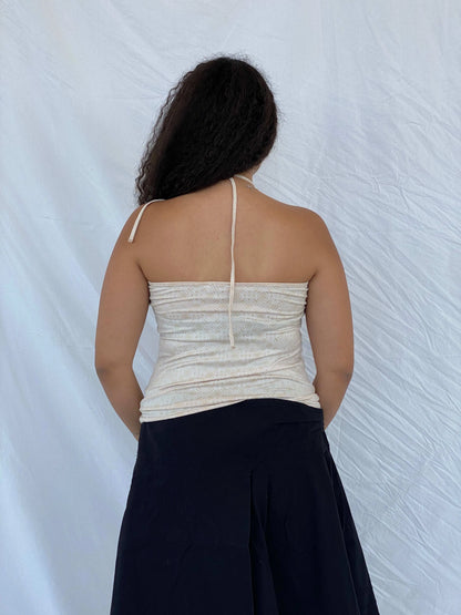 Y2K Orsay Halter Groovy Patterned Beige Top Size L - Balagan Vintage Halter Top 00s, 90s, Dina, groovy, groovy print, halter top, printed shirt, shorts