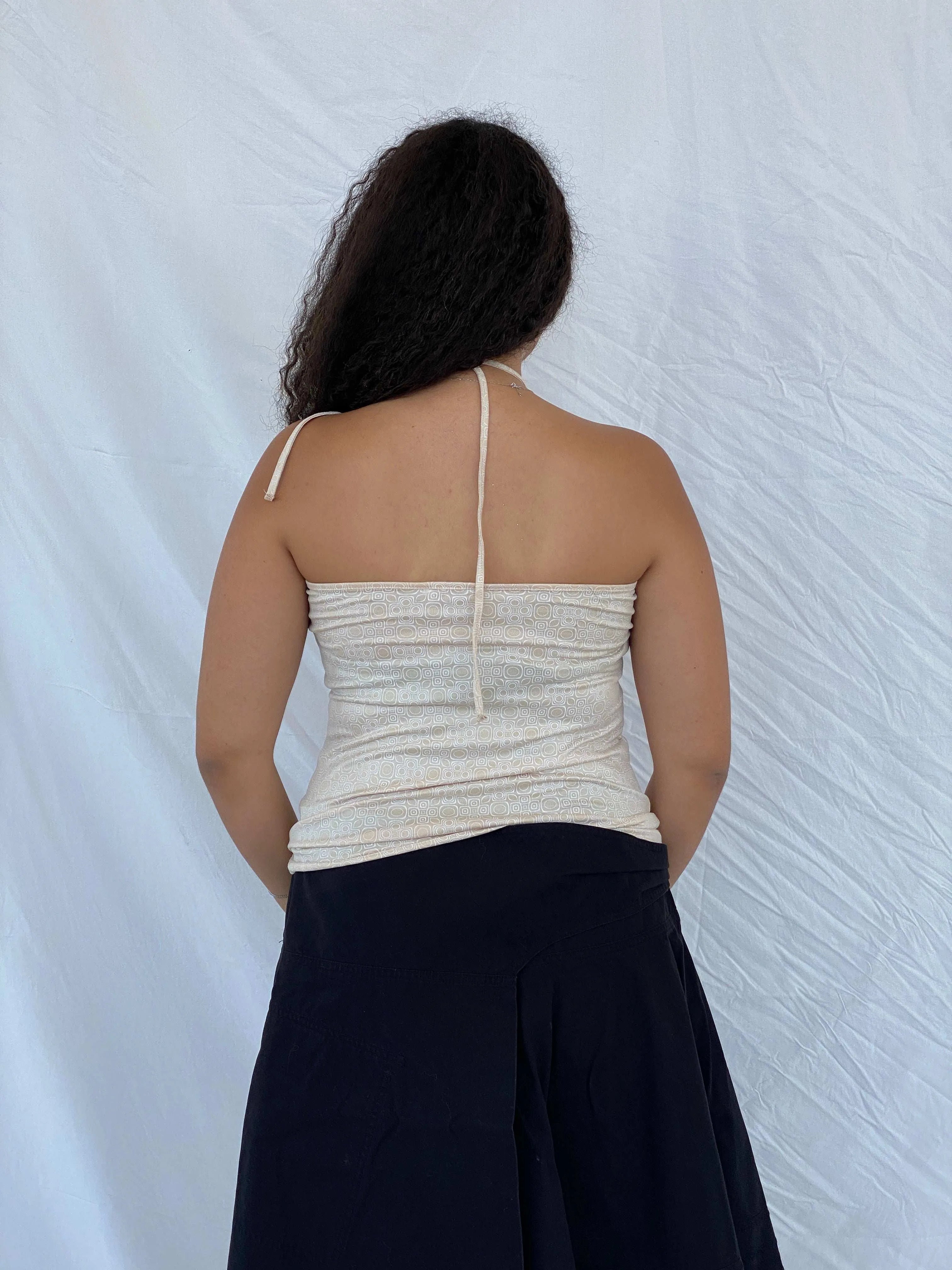 Y2K Orsay Halter Groovy Patterned Beige Top Size L - Balagan Vintage Halter Top 00s, 90s, Dina, groovy, groovy print, halter top, printed shirt, shorts