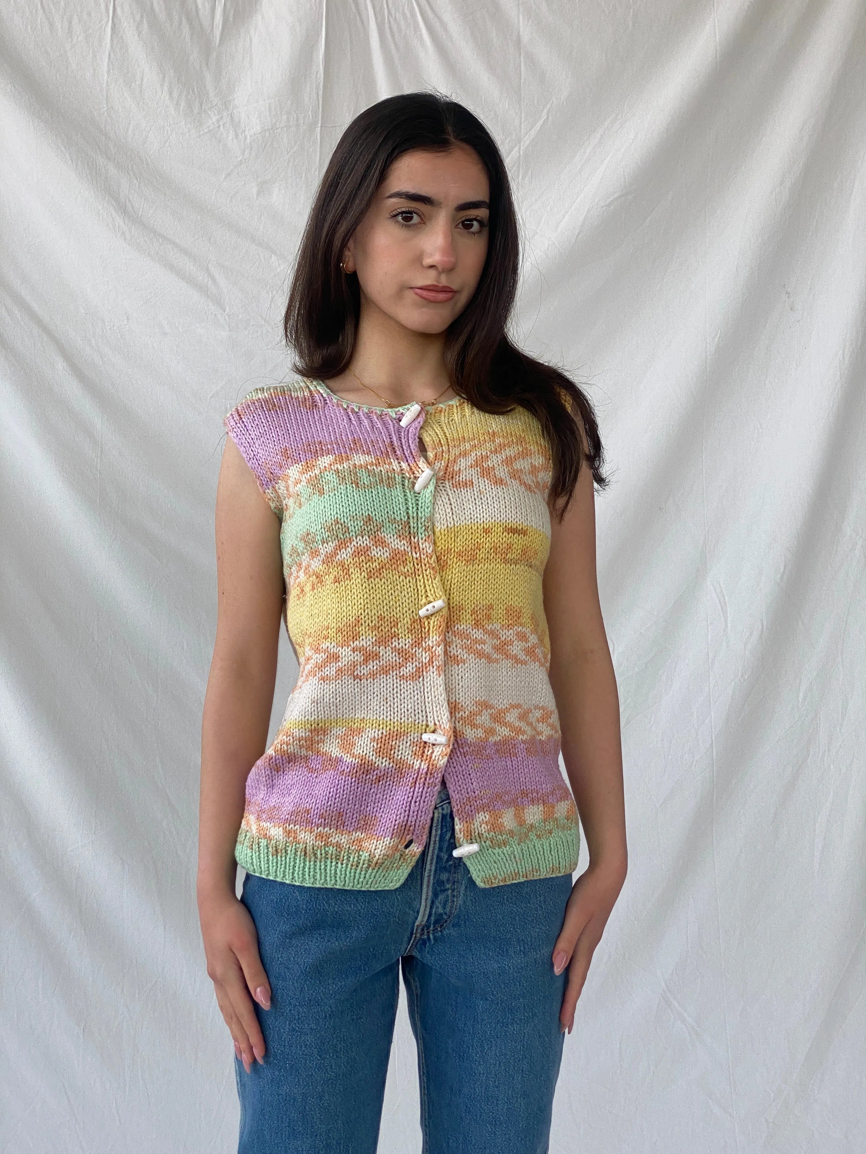 Y2K Pastel Colored Button Up Knitted Vest - M - Balagan Vintage Sleeveless Top 90s, Christine, knit, knitted, knitted vest, Top, winter, women top