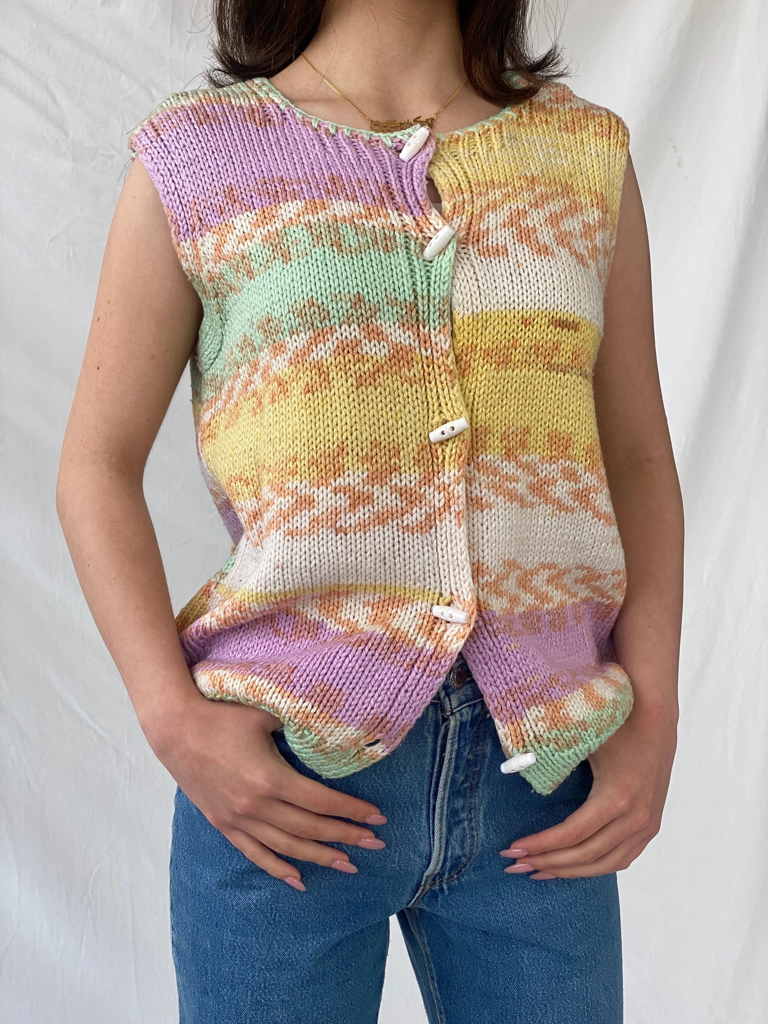 Y2K Pastel Colored Button Up Knitted Vest - M - Balagan Vintage Sleeveless Top 90s, Christine, knit, knitted, knitted vest, Top, winter, women top