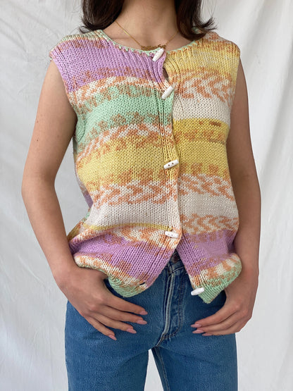 Y2K Pastel Colored Button Up Knitted Vest - M - Balagan Vintage Sleeveless Top 90s, Christine, knit, knitted, knitted vest, Top, winter, women top