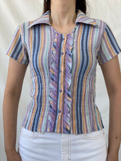 Y2K Pastel Purple Blue Striped Cut Out Back Scrunch Short Sleeve Shirt- M - Balagan Vintage Half Sleeve Shirt 00s, Ayah, half sleeve shirt, NEW IN, shirt, women shirt
