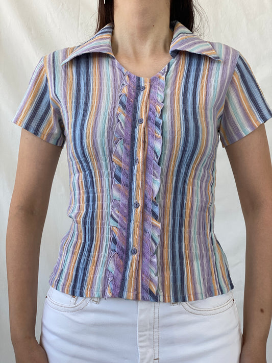 Y2K Pastel Purple Blue Striped Cut Out Back Scrunch Short Sleeve Shirt- M - Balagan Vintage Half Sleeve Shirt 00s, Ayah, half sleeve shirt, NEW IN, shirt, women shirt