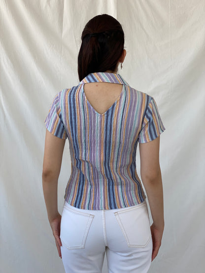 Y2K Pastel Purple Blue Striped Cut Out Back Scrunch Short Sleeve Shirt- M - Balagan Vintage Half Sleeve Shirt 00s, Ayah, half sleeve shirt, NEW IN, shirt, women shirt
