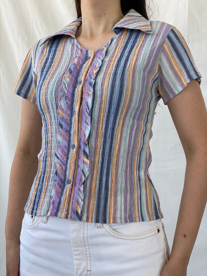 Y2K Pastel Purple Blue Striped Cut Out Back Scrunch Short Sleeve Shirt- M - Balagan Vintage Half Sleeve Shirt 00s, Ayah, half sleeve shirt, NEW IN, shirt, women shirt