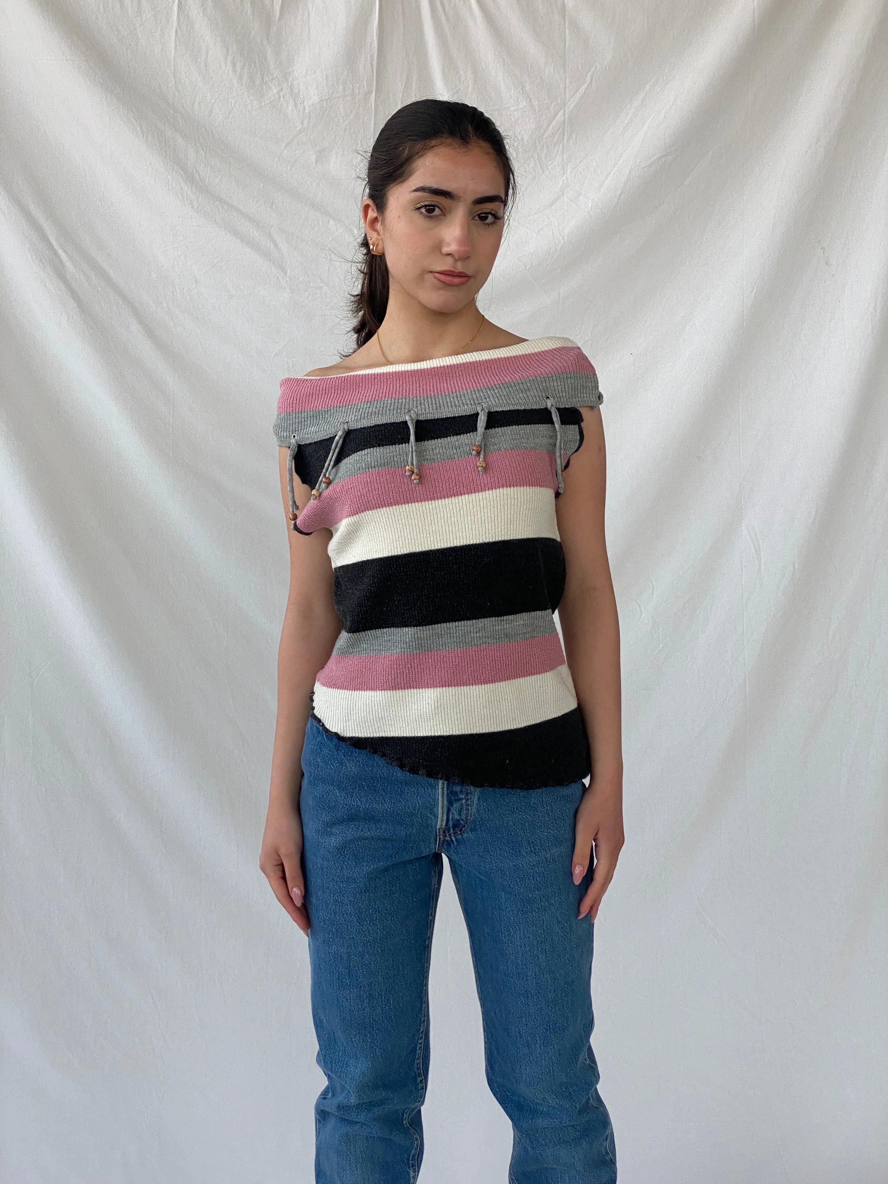 Y2K Pink Striped Asymmetric Off Shoulder Top - M - Balagan Vintage Sleeveless Top 90s, Christine, Top, winter, women top