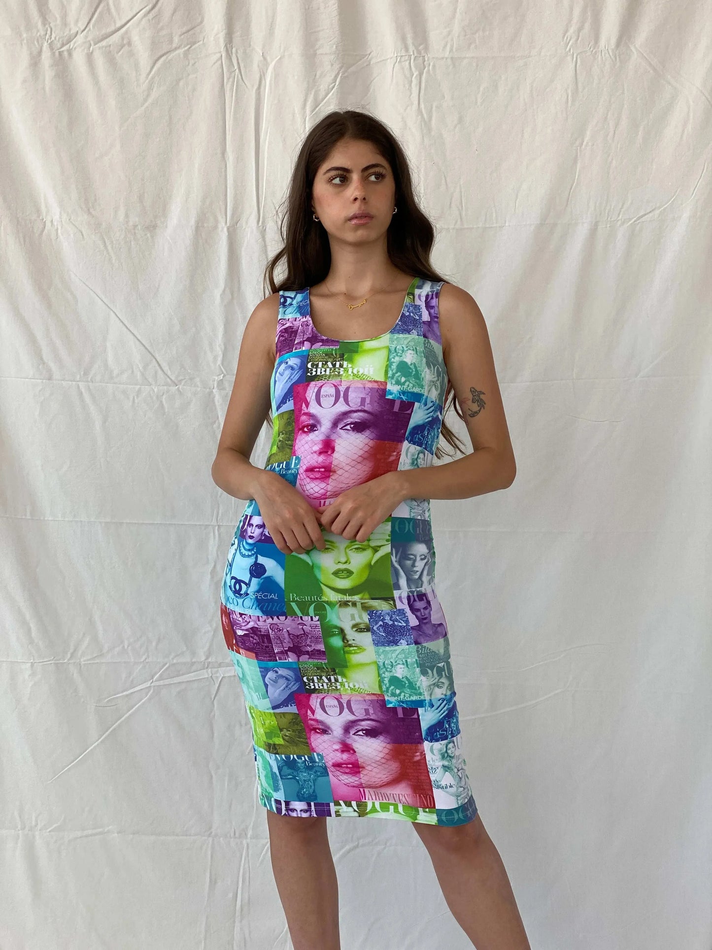Y2K PMD Vogue Cover Graphic Bodycon Midi Dress - S - Balagan Vintage Midi Dress 00s, 90s, Deals, midi dress, Mira