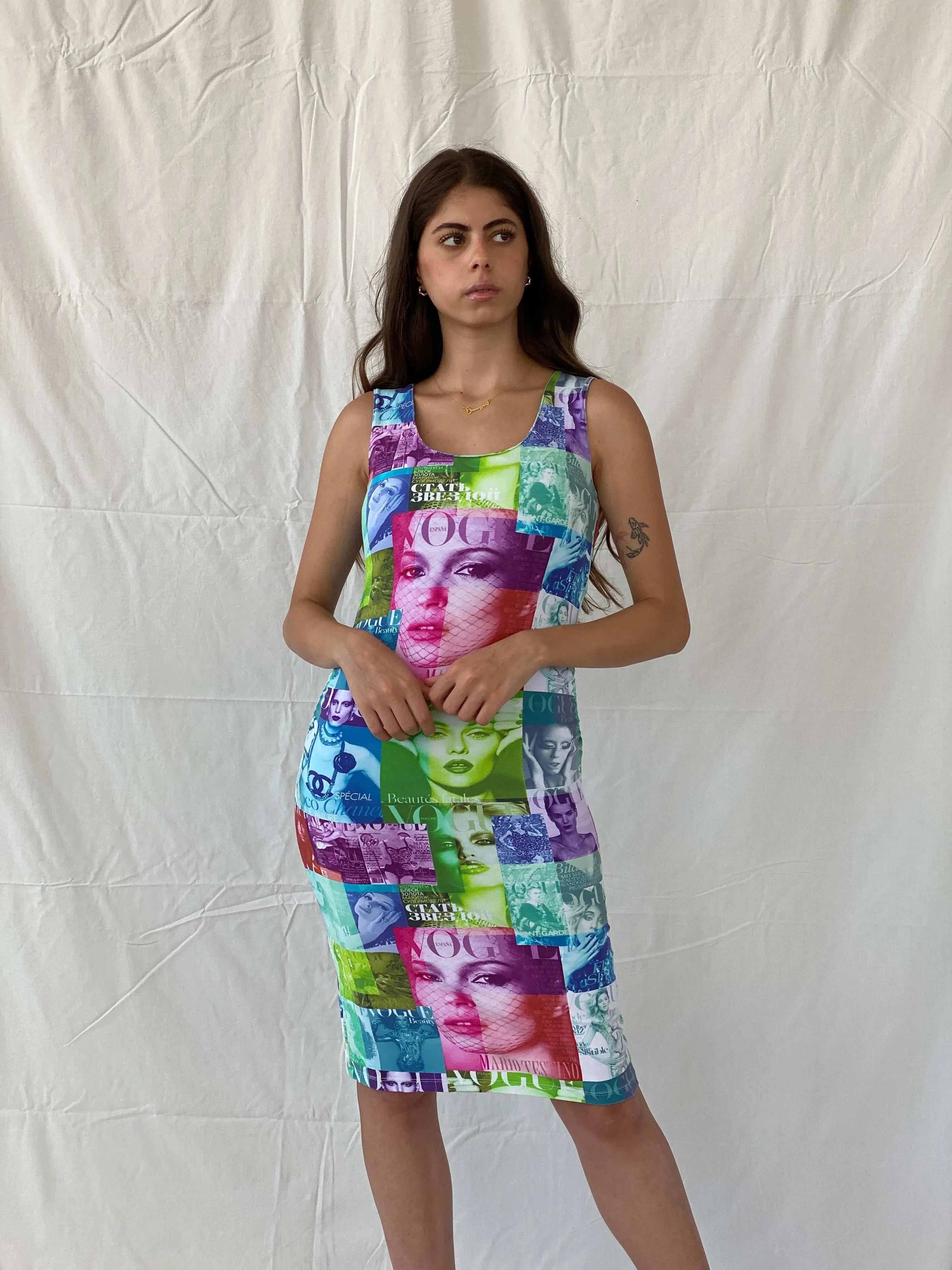 Y2K PMD Vogue Cover Graphic Bodycon Midi Dress - S - Balagan Vintage Midi Dress 00s, 90s, Deals, midi dress, Mira