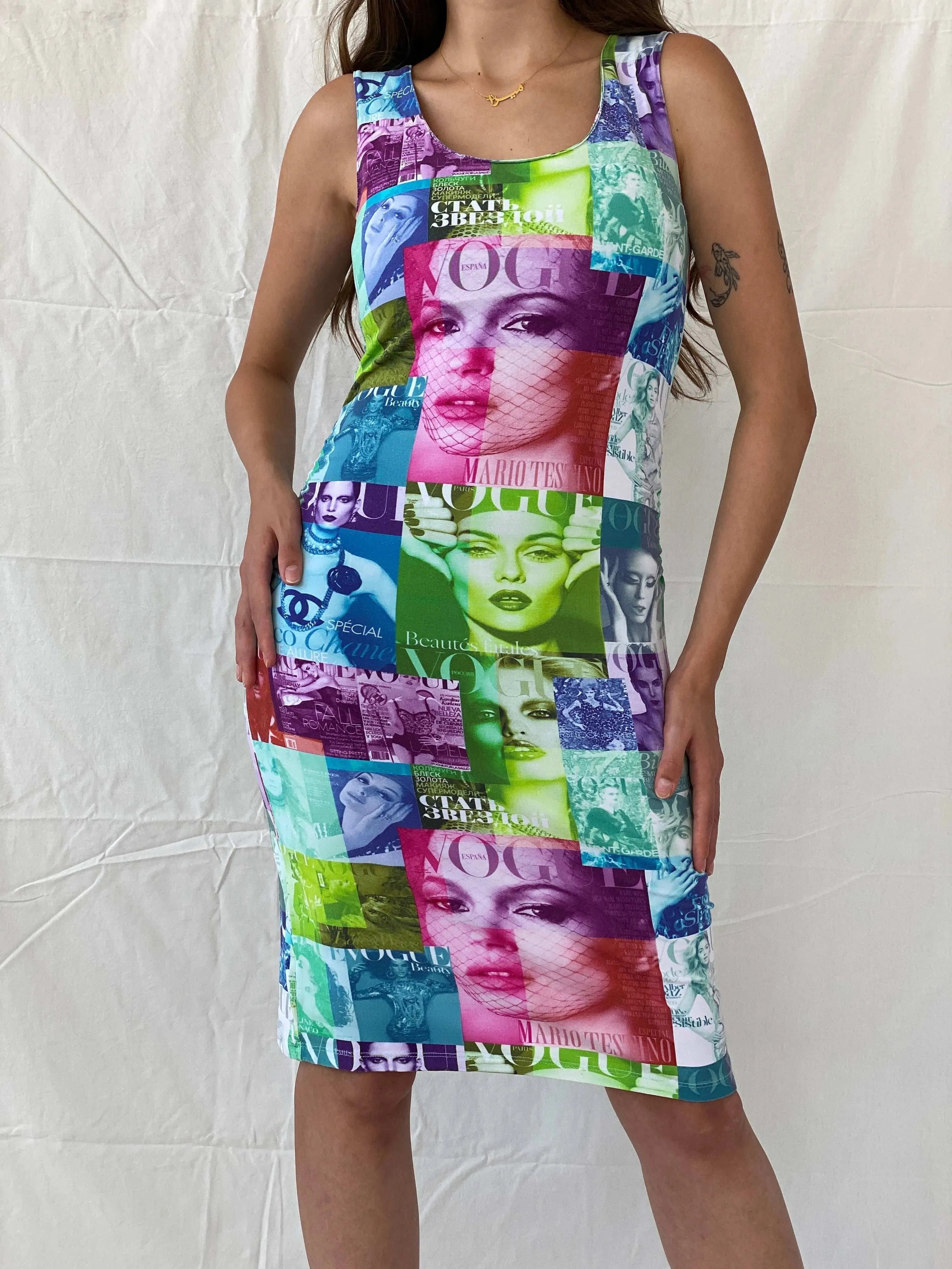 Y2K PMD Vogue Cover Graphic Bodycon Midi Dress - S - Balagan Vintage Midi Dress 00s, 90s, Deals, midi dress, Mira