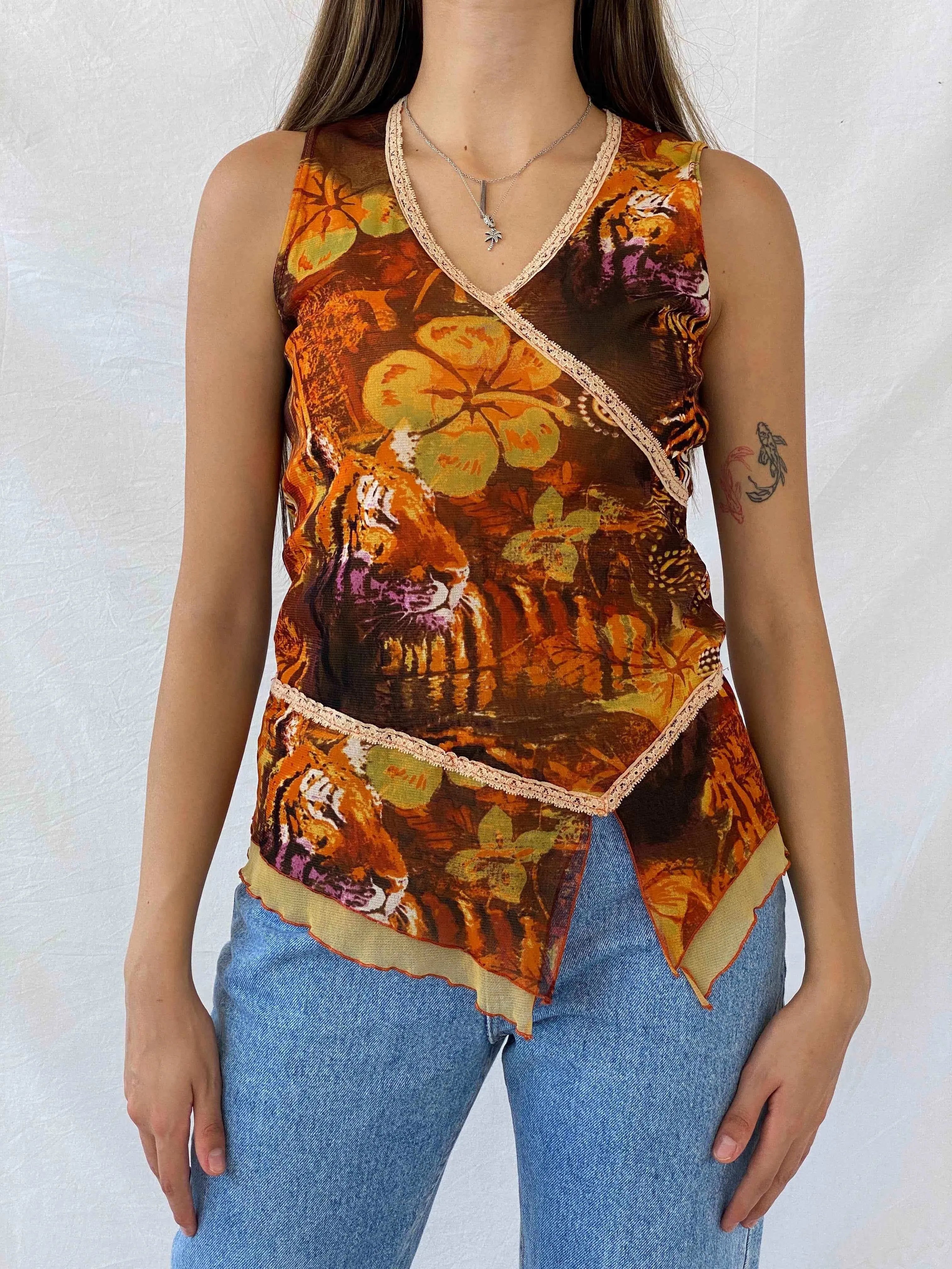 Y2K Printed Sleeveless Mesh Top - Balagan Vintage Sleeveless Top 00s, 90s, mesh top, Mira