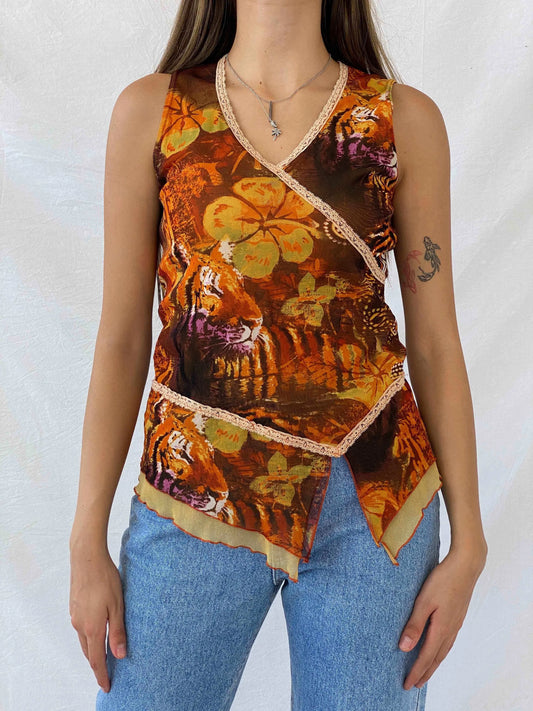 Y2K Printed Sleeveless Mesh Top - Balagan Vintage Sleeveless Top 00s, 90s, mesh top, Mira