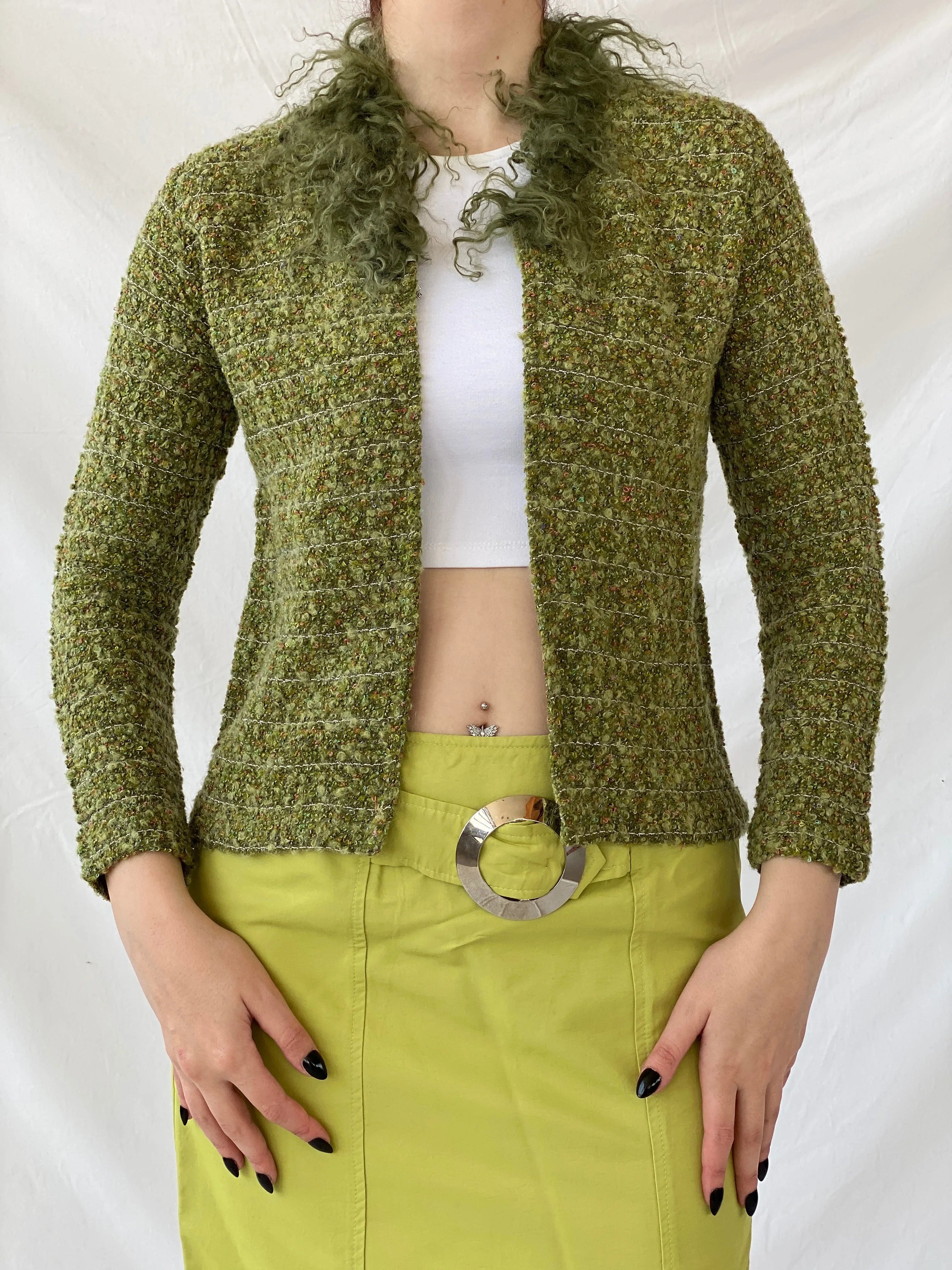 Y2K Queence Green Tweed Fur Collar Textured Women’s Cardigan - XS - Balagan Vintage Cardigan 00s, Ayah, cardigan, crochet, knitted, knitted cardigan, NEW IN, women top