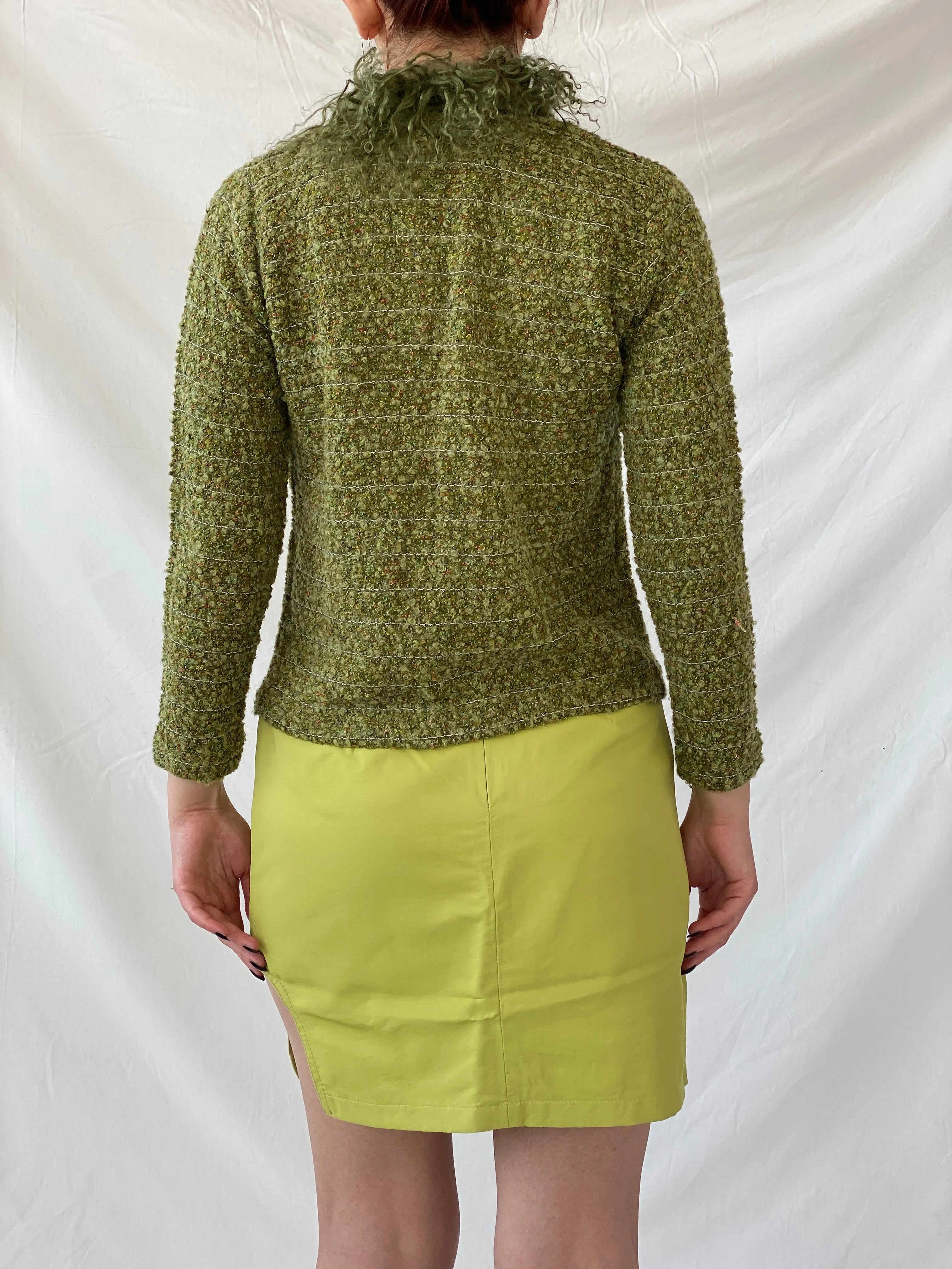 Y2K Queence Green Tweed Fur Collar Textured Women’s Cardigan - XS - Balagan Vintage Cardigan 00s, Ayah, cardigan, crochet, knitted, knitted cardigan, NEW IN, women top