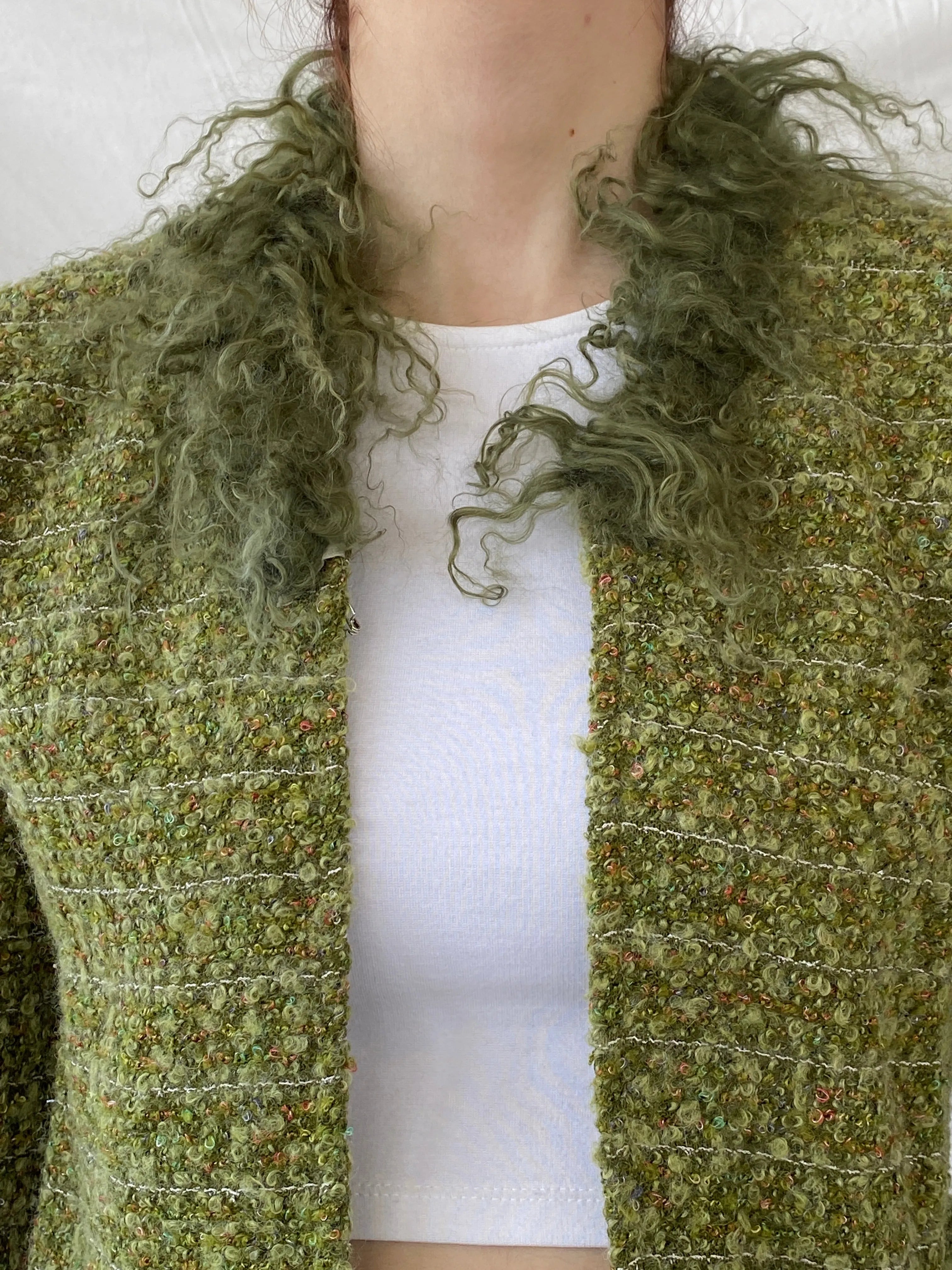 Y2K Queence Green Tweed Fur Collar Textured Women’s Cardigan - XS - Balagan Vintage Cardigan 00s, Ayah, cardigan, crochet, knitted, knitted cardigan, NEW IN, women top