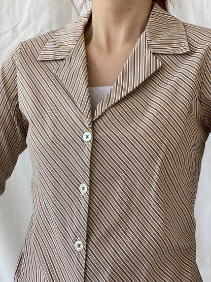 Y2K Rampage Striped Beige Long Sleeve Office Women’s Cotton Shirt - M - Balagan Vintage Full Sleeve Shirt Ayah, full sleeve shirt, Office core, shirt, women shirt