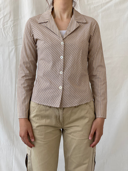 Y2K Rampage Striped Beige Long Sleeve Office Women’s Cotton Shirt - M - Balagan Vintage Full Sleeve Shirt Ayah, full sleeve shirt, Office core, shirt, women shirt