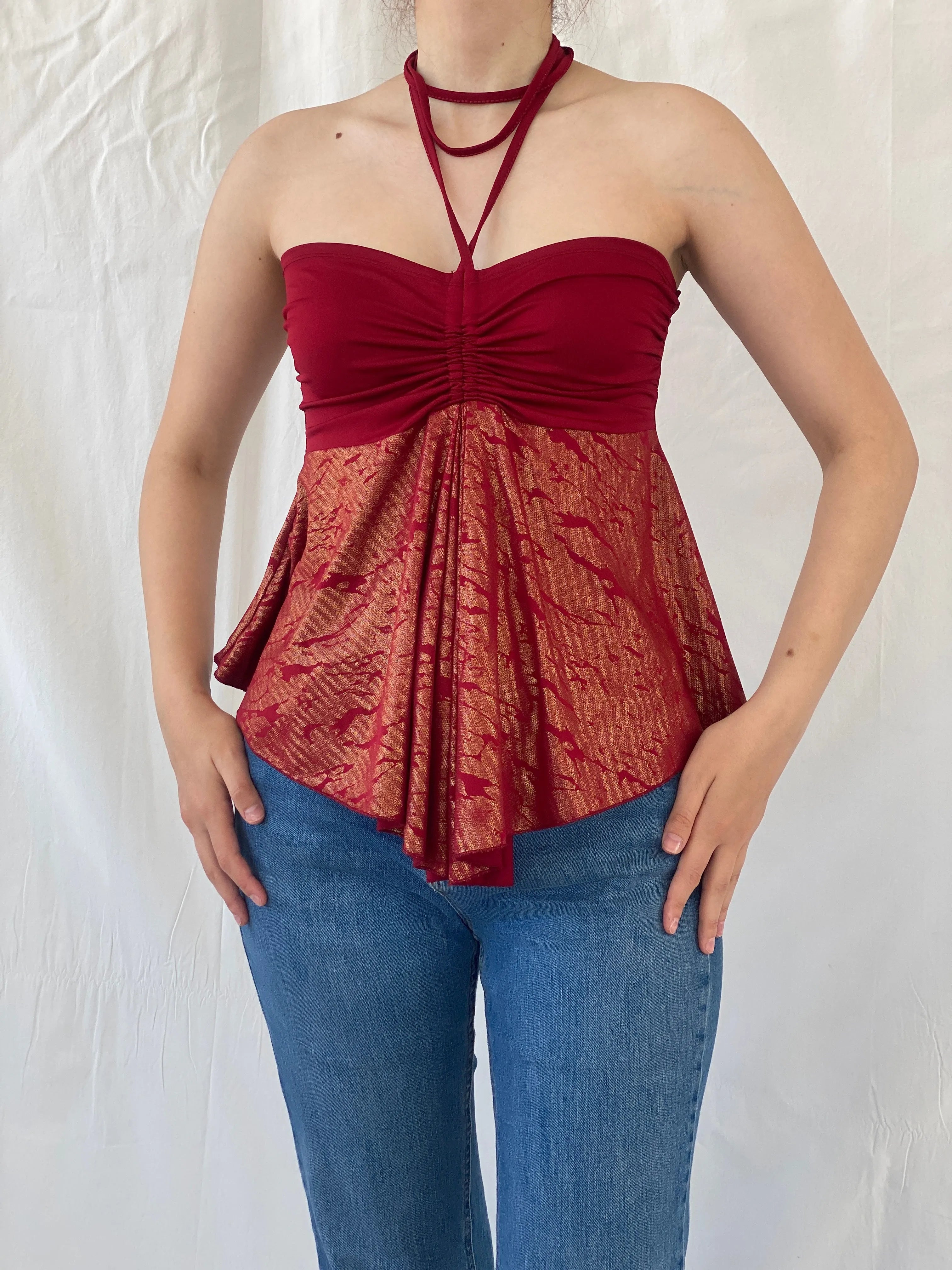 Y2K Red Metallic Gold Fairy Core Halter Top - M - Balagan Vintage Halter Top 00s, Ayah, halter top, women top