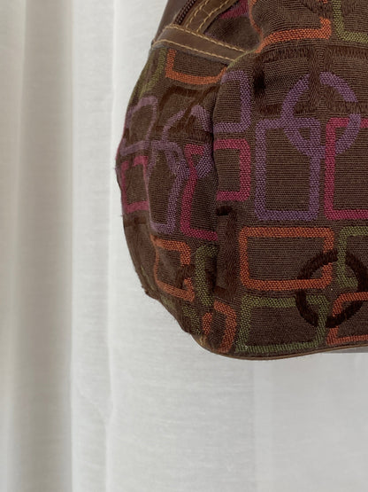 Y2K Rosetti Brown Multicolored Geometric Pattern Shoulder Bag With Braided Vinyl Handles - Balagan Vintage Handbags 00s, 90s, bag, geometric print, shoulder bag, Y2K