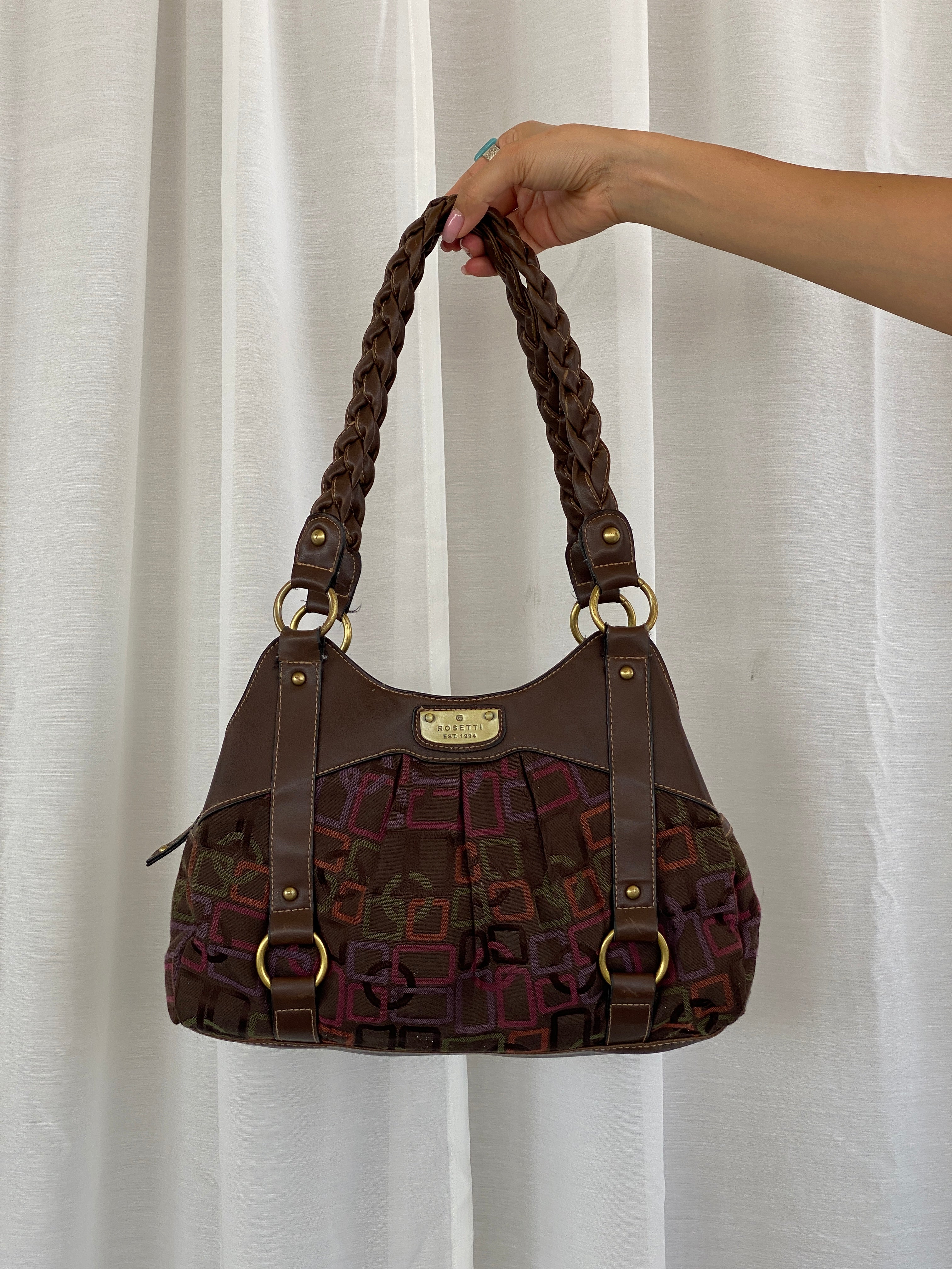 Y2K Rosetti Brown Multicolored Geometric Pattern Shoulder Bag With Braided Vinyl Handles - Balagan Vintage Handbags 00s, 90s, bag, geometric print, shoulder bag, Y2K