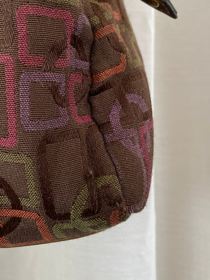 Y2K Rosetti Brown Multicolored Geometric Pattern Shoulder Bag With Braided Vinyl Handles - Balagan Vintage Handbags 00s, 90s, bag, geometric print, shoulder bag, Y2K