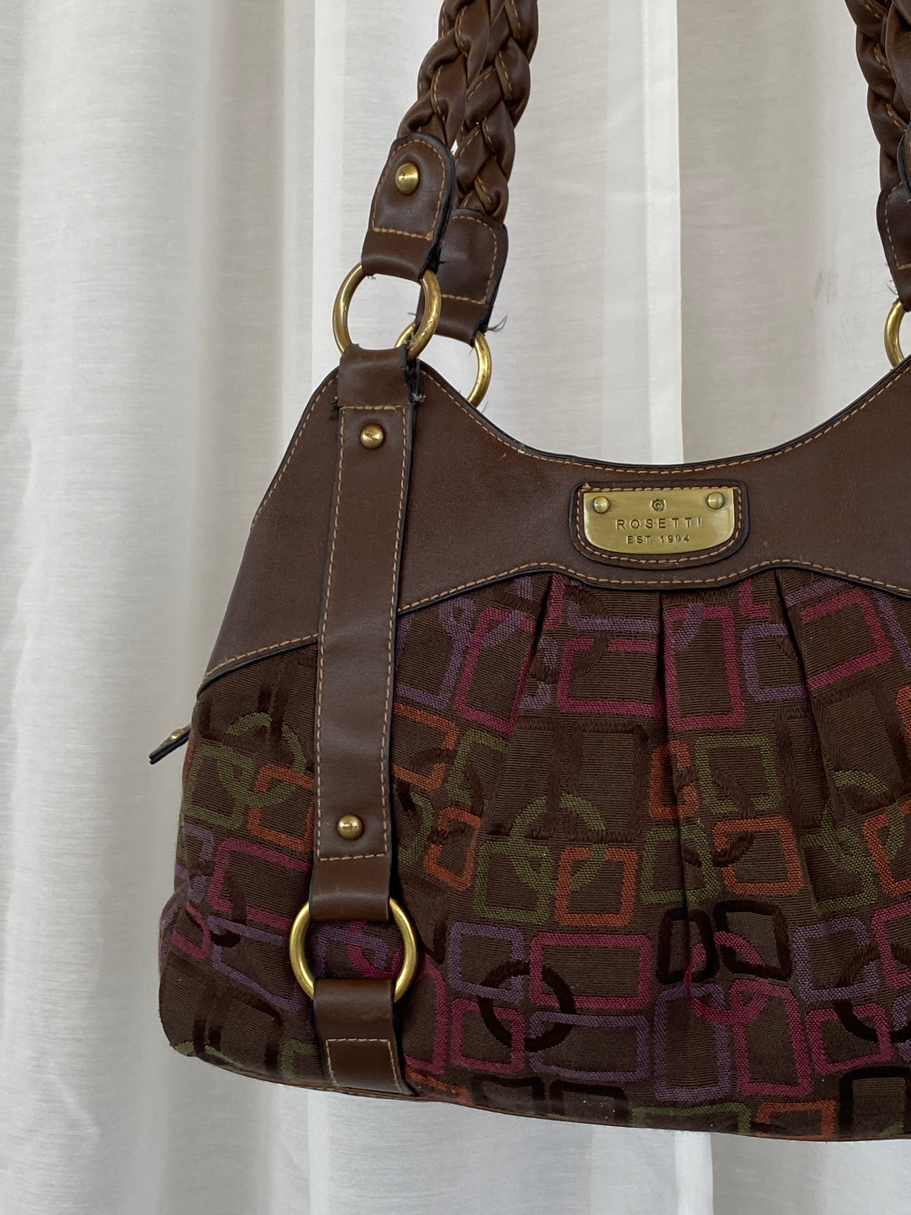 Y2K Rosetti Brown Multicolored Geometric Pattern Shoulder Bag With Braided Vinyl Handles - Balagan Vintage Handbags 00s, 90s, bag, geometric print, shoulder bag, Y2K